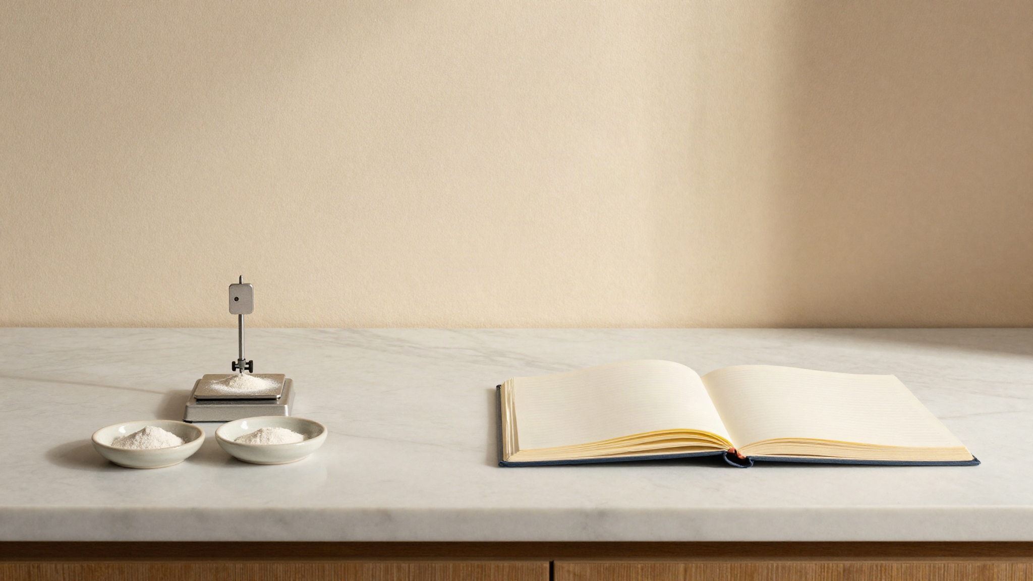 A marble counter with an open notebook and a tiny precision scale holding a fraction of a gram of powder