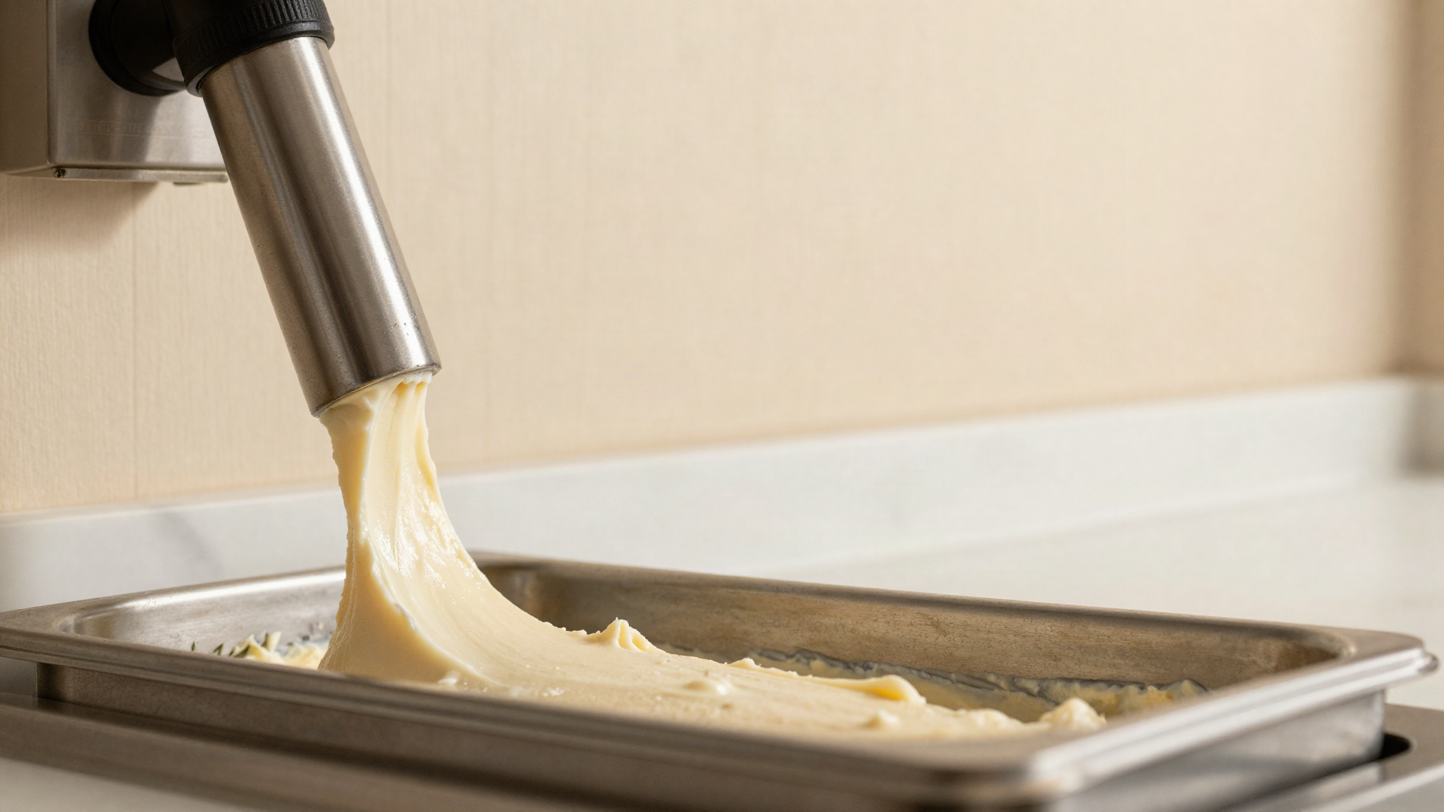 A stainless steel batch freezer spout extruding a thick ribbon of pale gelato into a steel pan