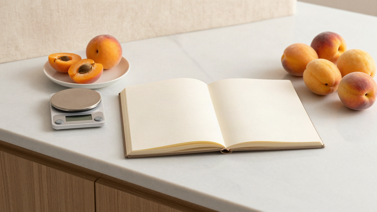 A marble counter with an open notebook, a small digital scale, a dish of halved apricots and a group of whole peaches