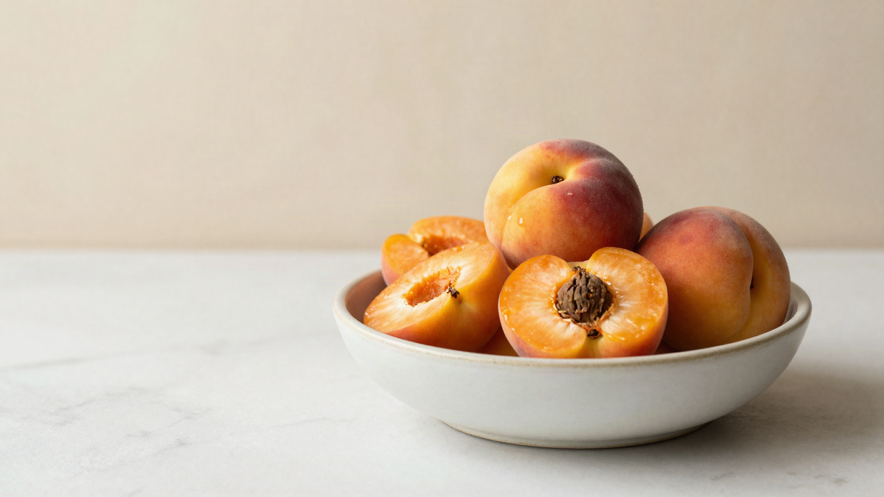 A white ceramic bowl of halved ripe peaches and apricots with the stones removed on white marble