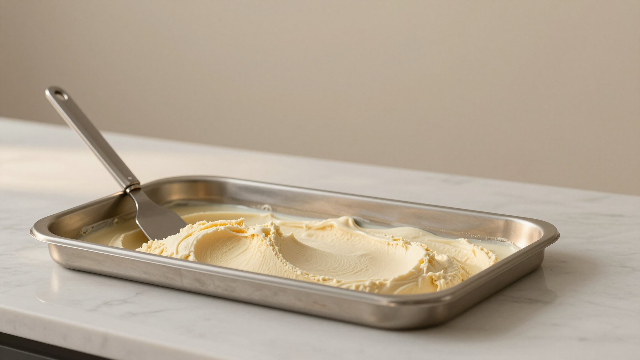 Fresh fior di latte gelato base in a curved stainless pan with a single paddle on marble