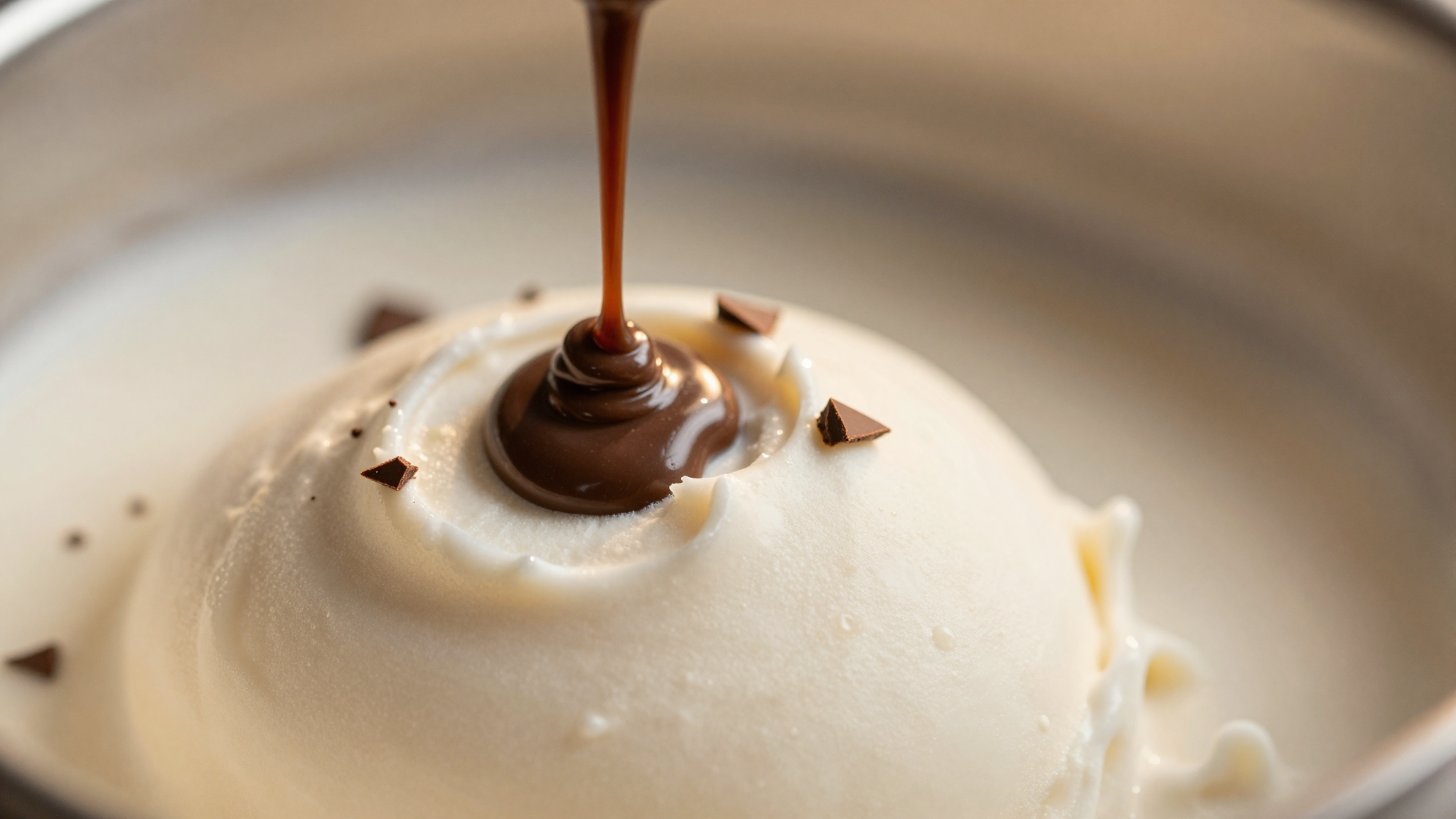 Warm melted dark chocolate drizzled in a thin stream into churning white gelato forming fine shards