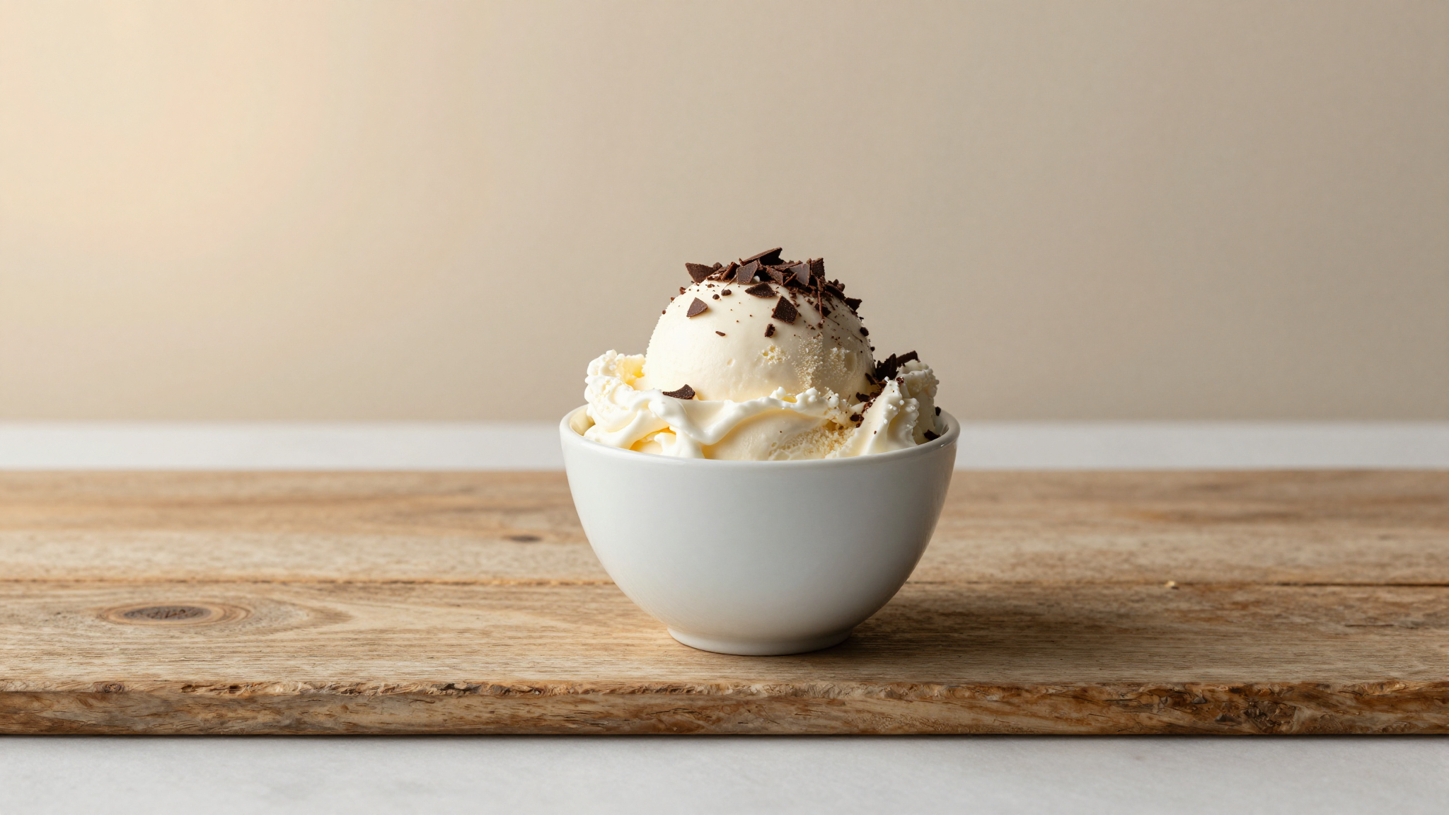 Finished italian stracciatella gelato in ceramic cup with dark chocolate shards on aged wood
