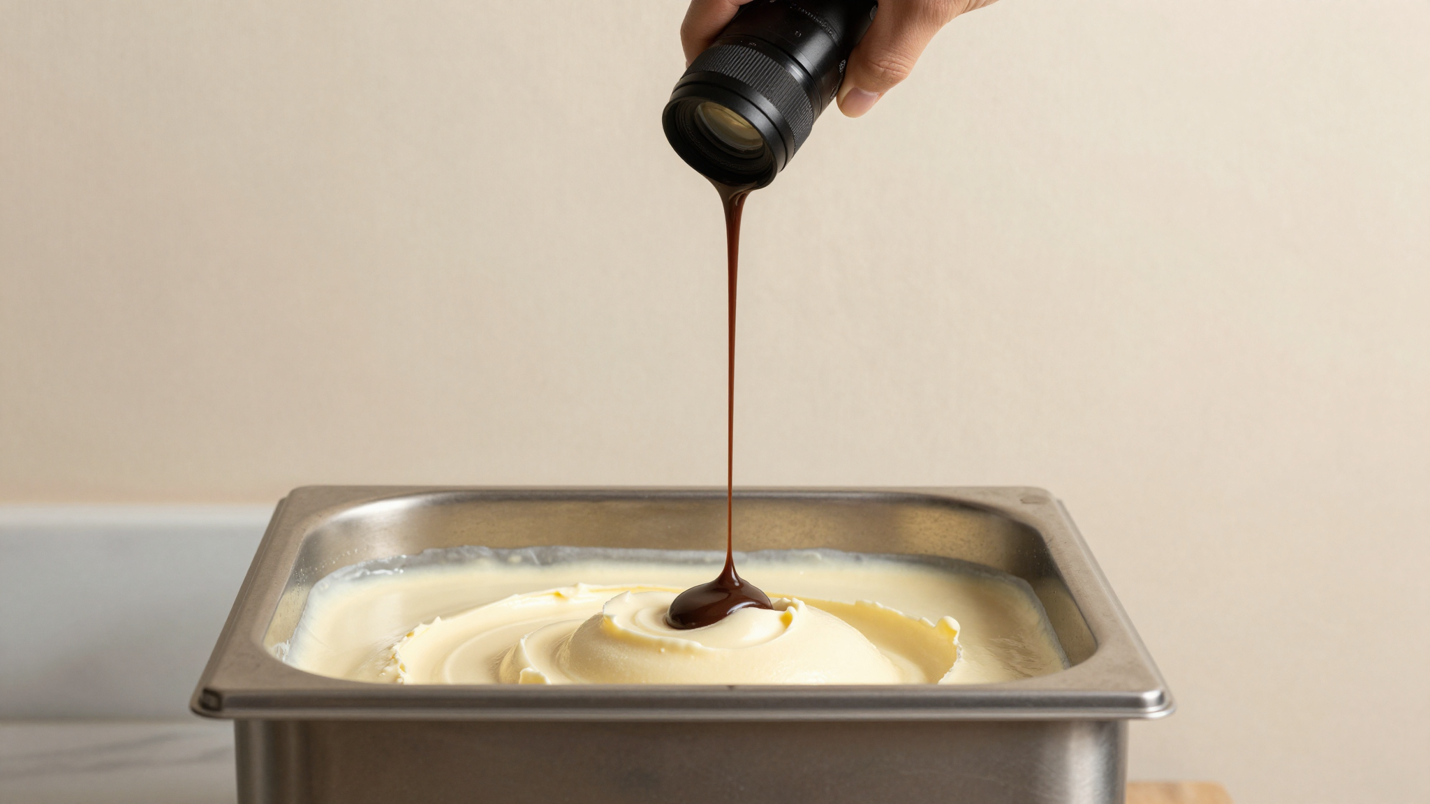 Dark chocolate drizzled in fine ribbon into churning fior di latte gelato in stainless mantecatore