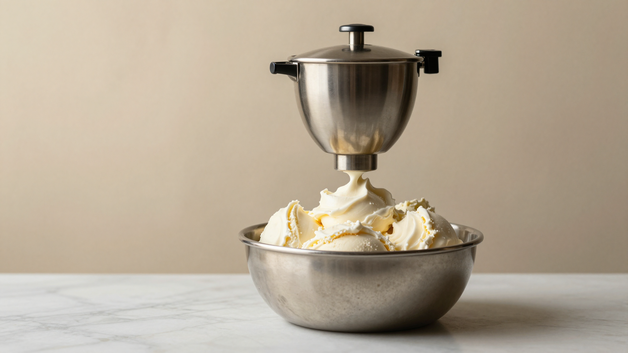 Freshly churned fior di latte gelato in stainless mantecatore with creamy peaks forming