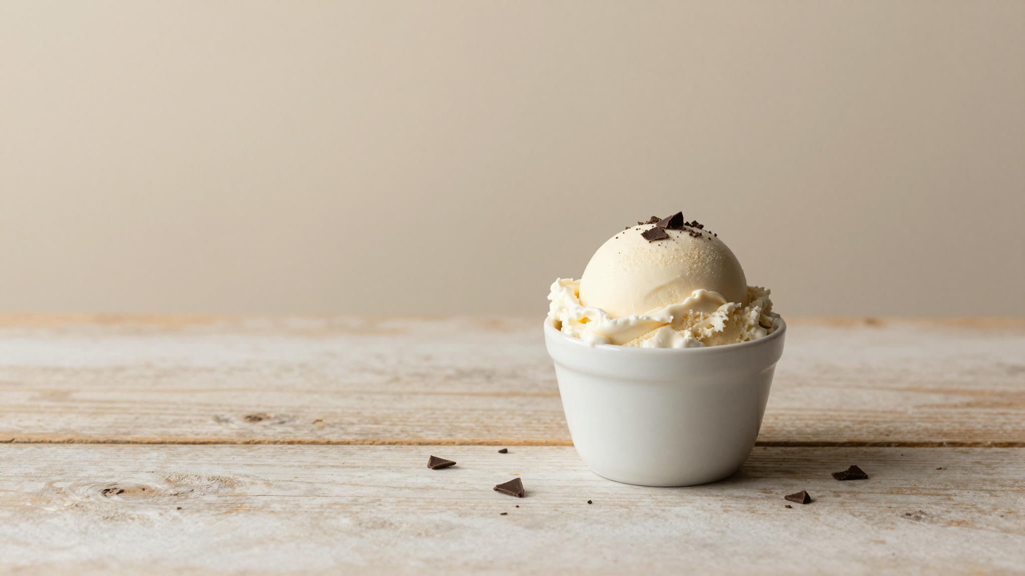Single italian stracciatella gelato scoop in ceramic cup on aged wood with chocolate shards