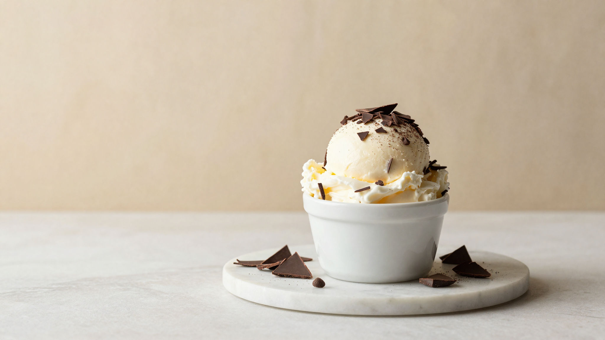 A scoop of stracciatella gelato laced with thin dark chocolate shards in a white ceramic cup on marble