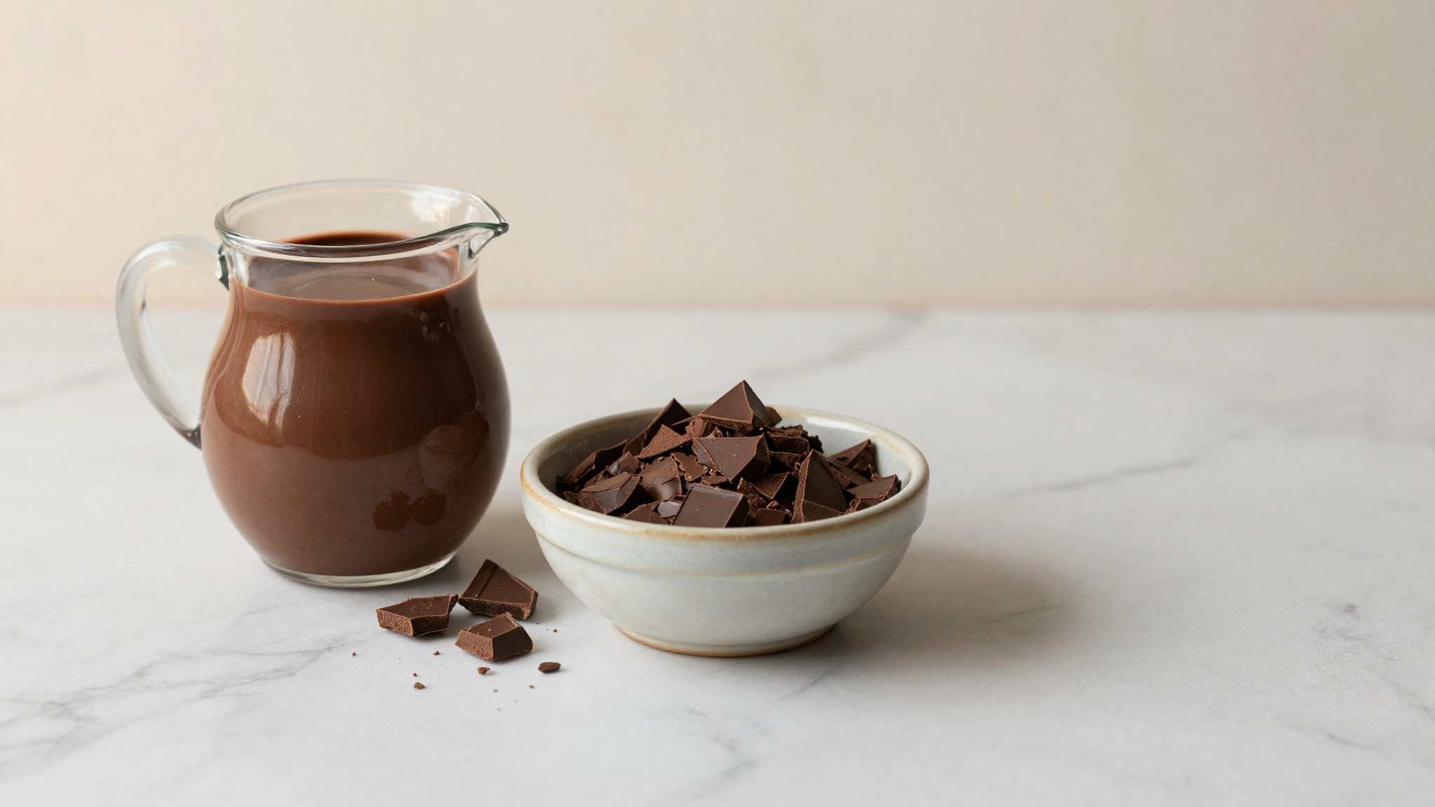 Open jar of fluid couverture beside a bowl of chopped chocolate pieces on marble