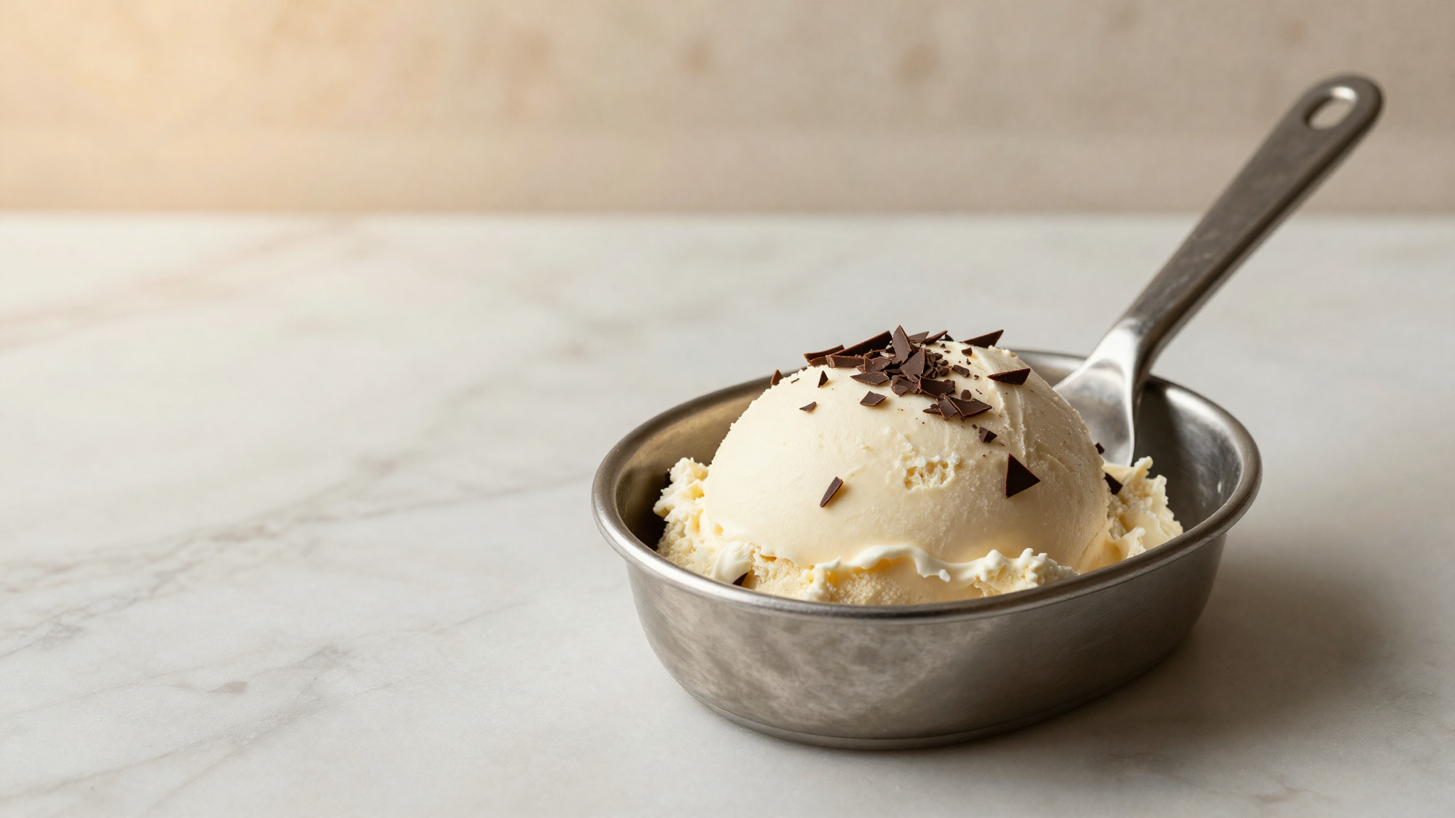 Stainless gelato pan of fior di latte shot through with thin dark chocolate shards