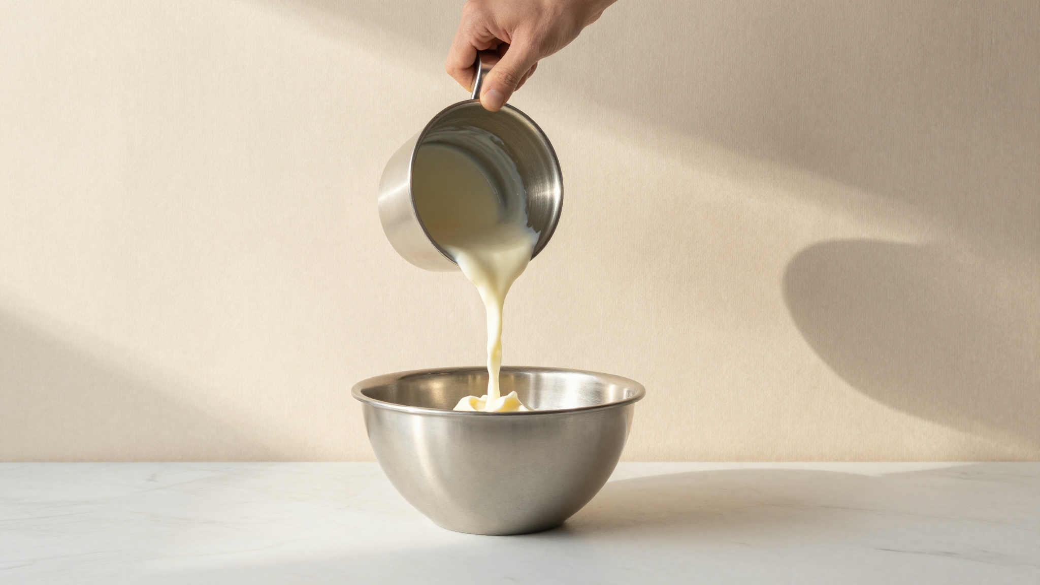 Cultured buttermilk being poured into a steel gelato mixing bowl