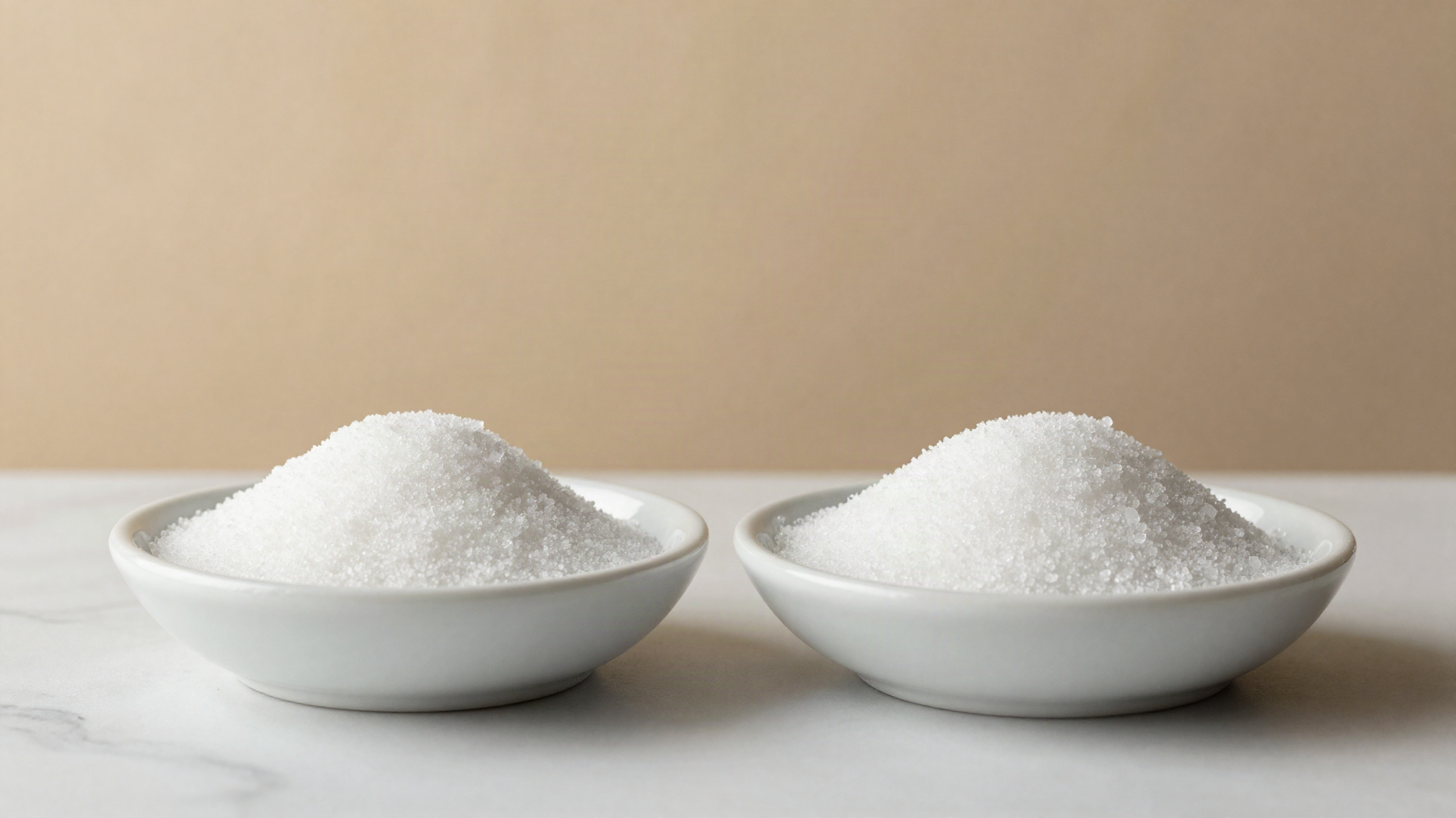 Two shallow white ceramic dishes of white crystalline sugars side by side on a marble surface
