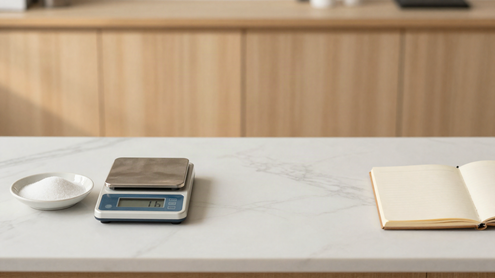 A precision digital scale beside a dish of white sugar and an open notebook on a marble counter