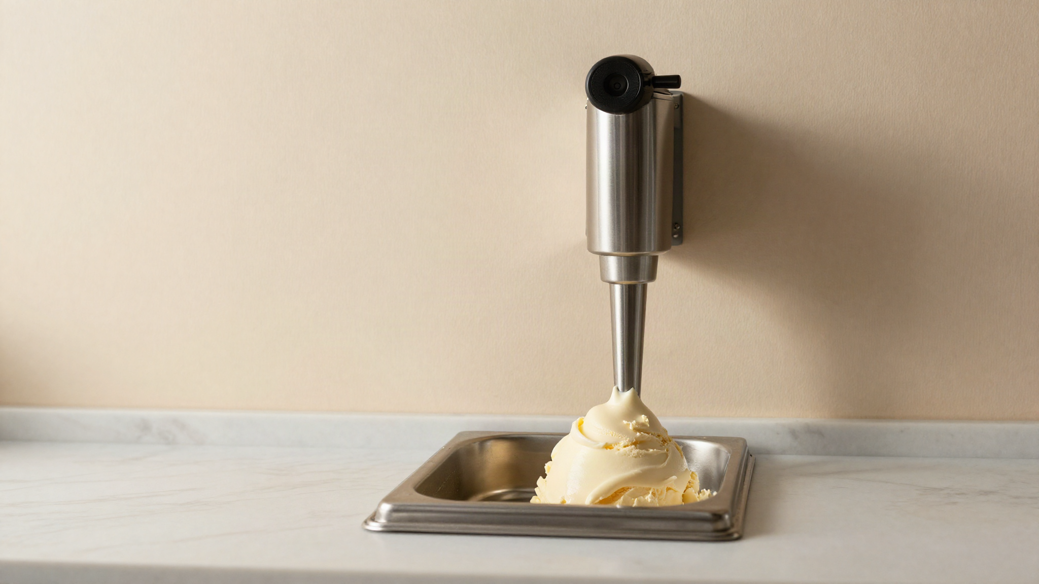 Soft pale gelato extruding from the stainless steel spout of a batch freezer into a metal pan