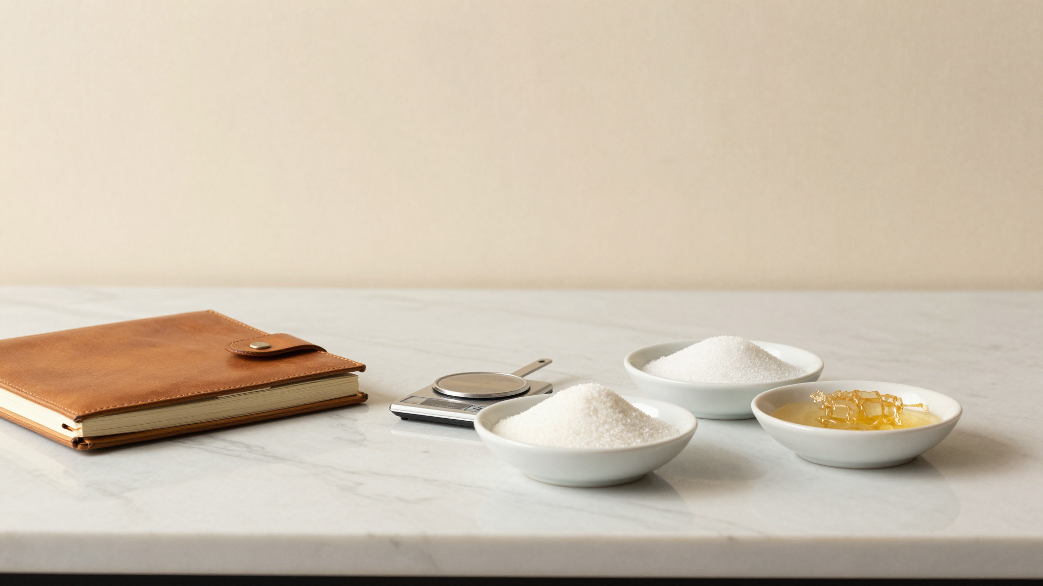 Gelato lab bench with three small dishes of sugars beside notebook and precision scale