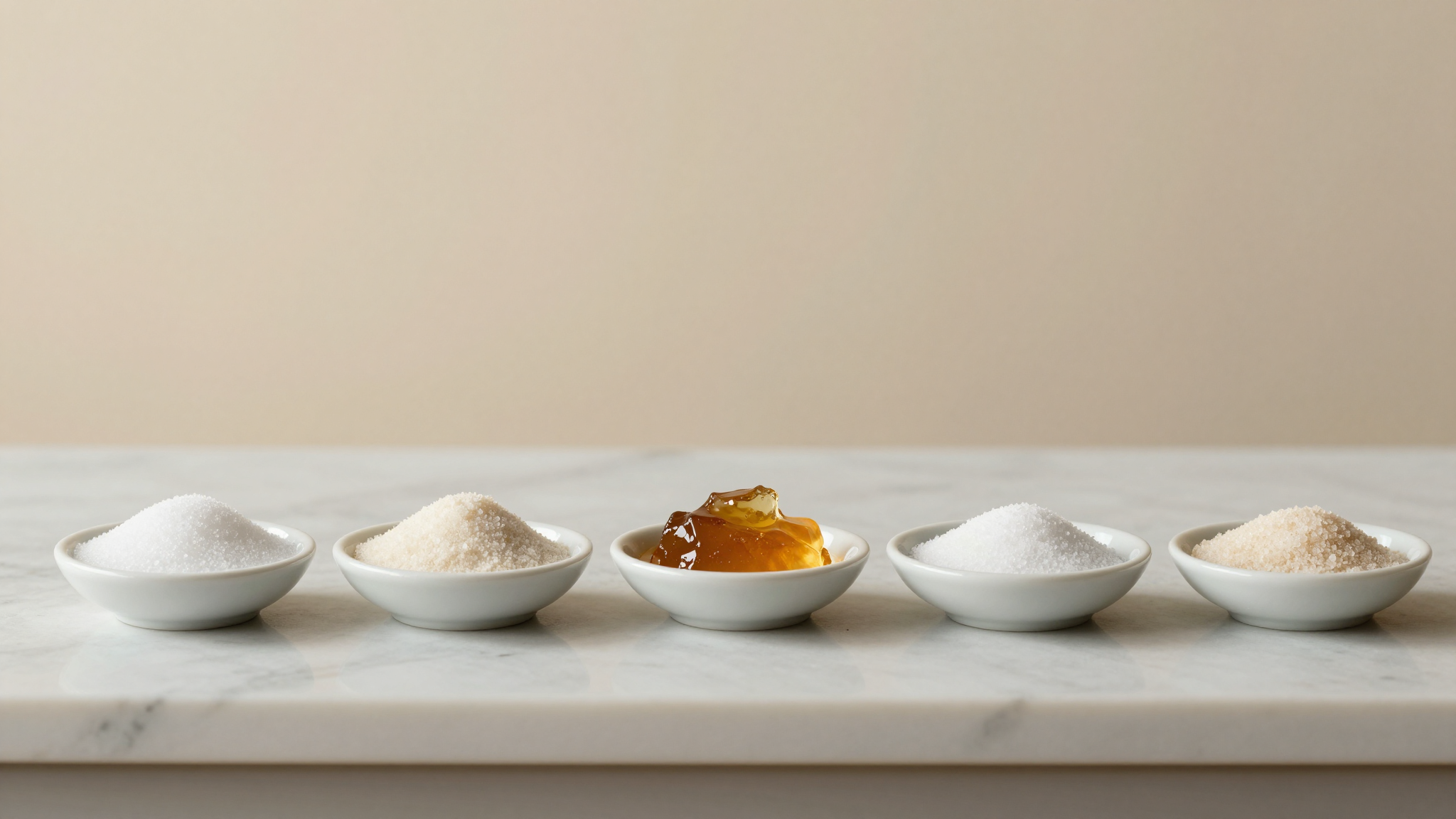 Sucrose, dextrose, glucose powder, and inverted syrup arranged in small lab dishes