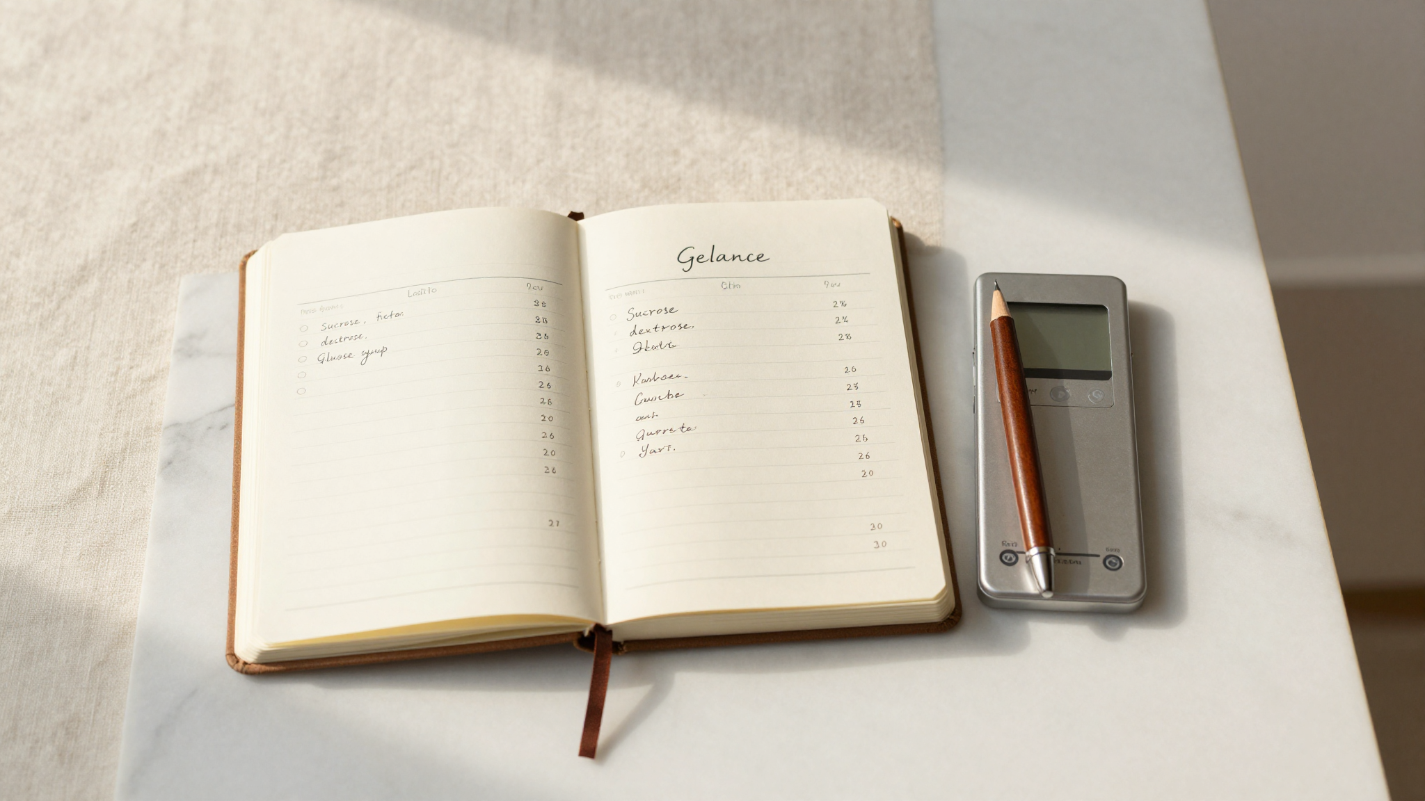 A handwritten balance sheet with sucrose, dextrose, glucose syrup percentages annotated