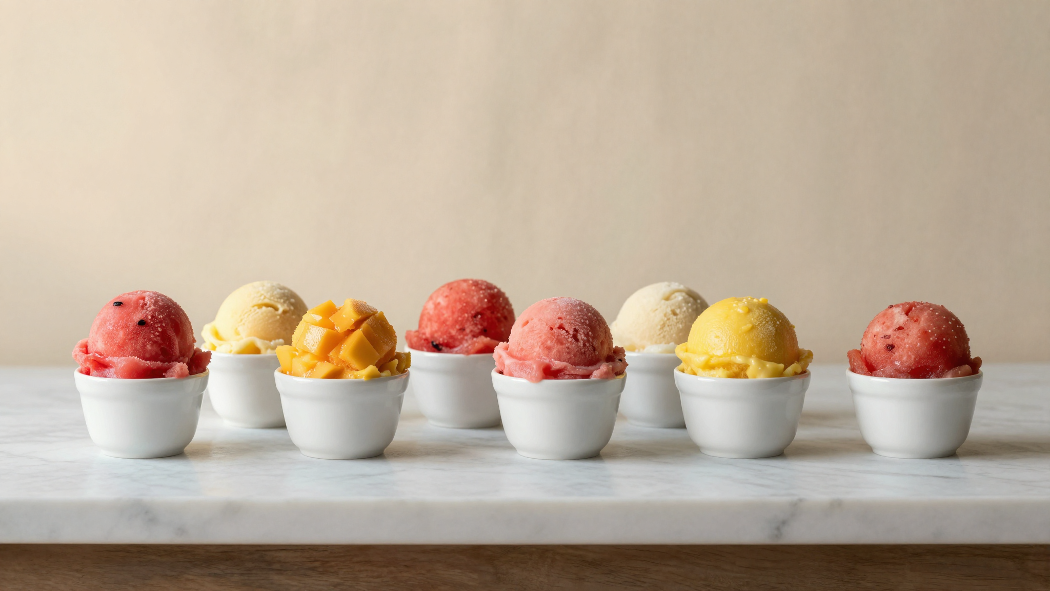 Colorful summer gelato and sorbet scoops in white ceramic cups on marble