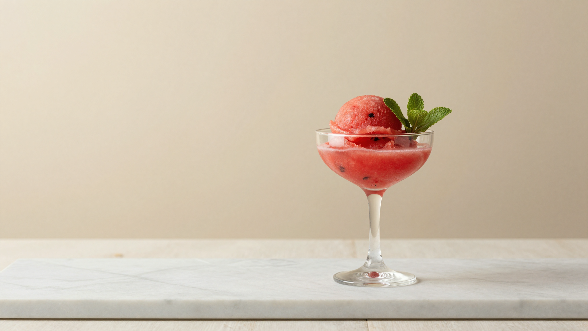 A watermelon mint sorbet scoop in a chilled coupe glass