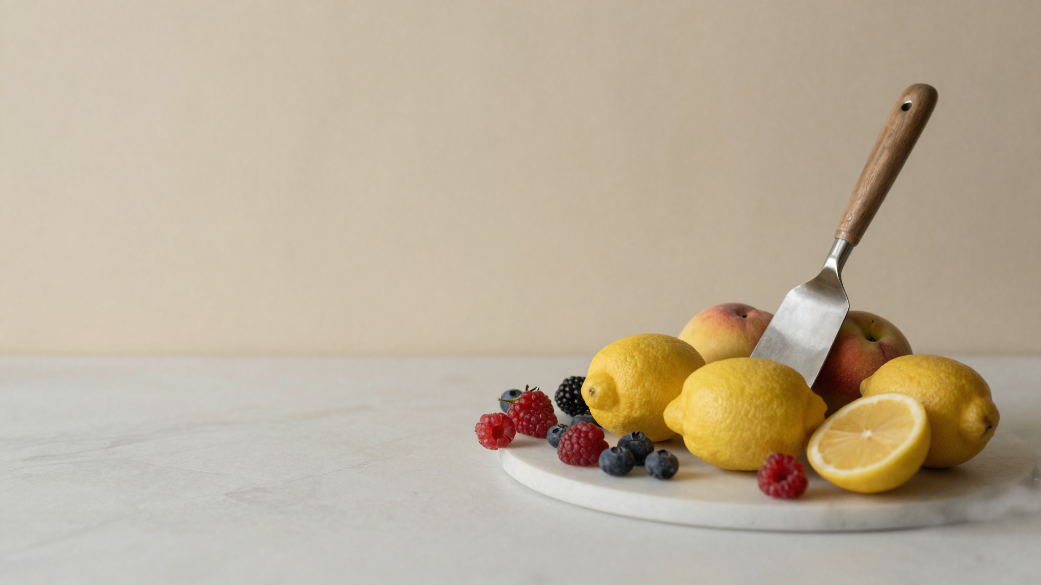 Fresh seasonal summer fruit and a gelato spatula on marble