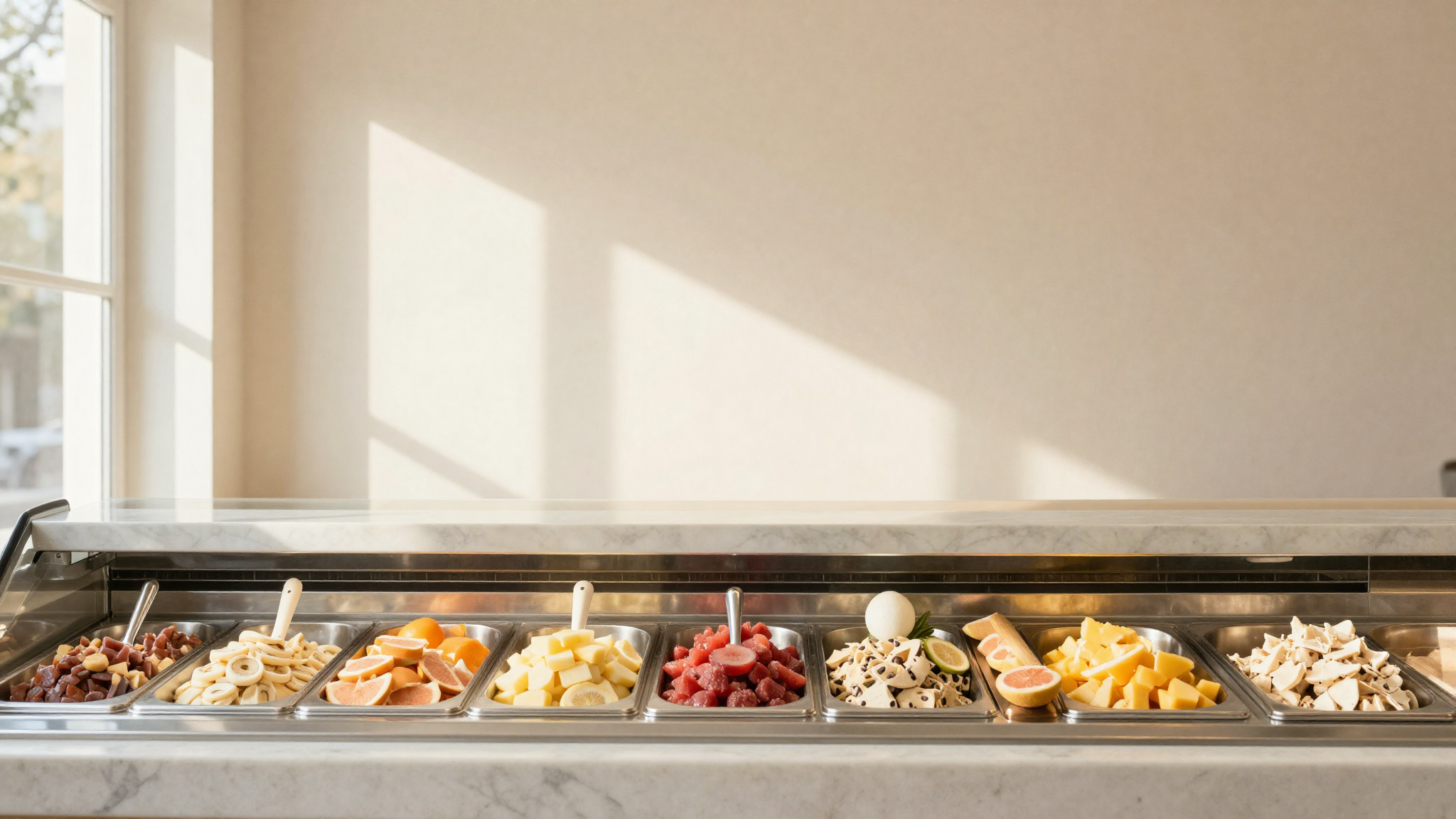A gelato display case with pozzetti of bright summer flavors