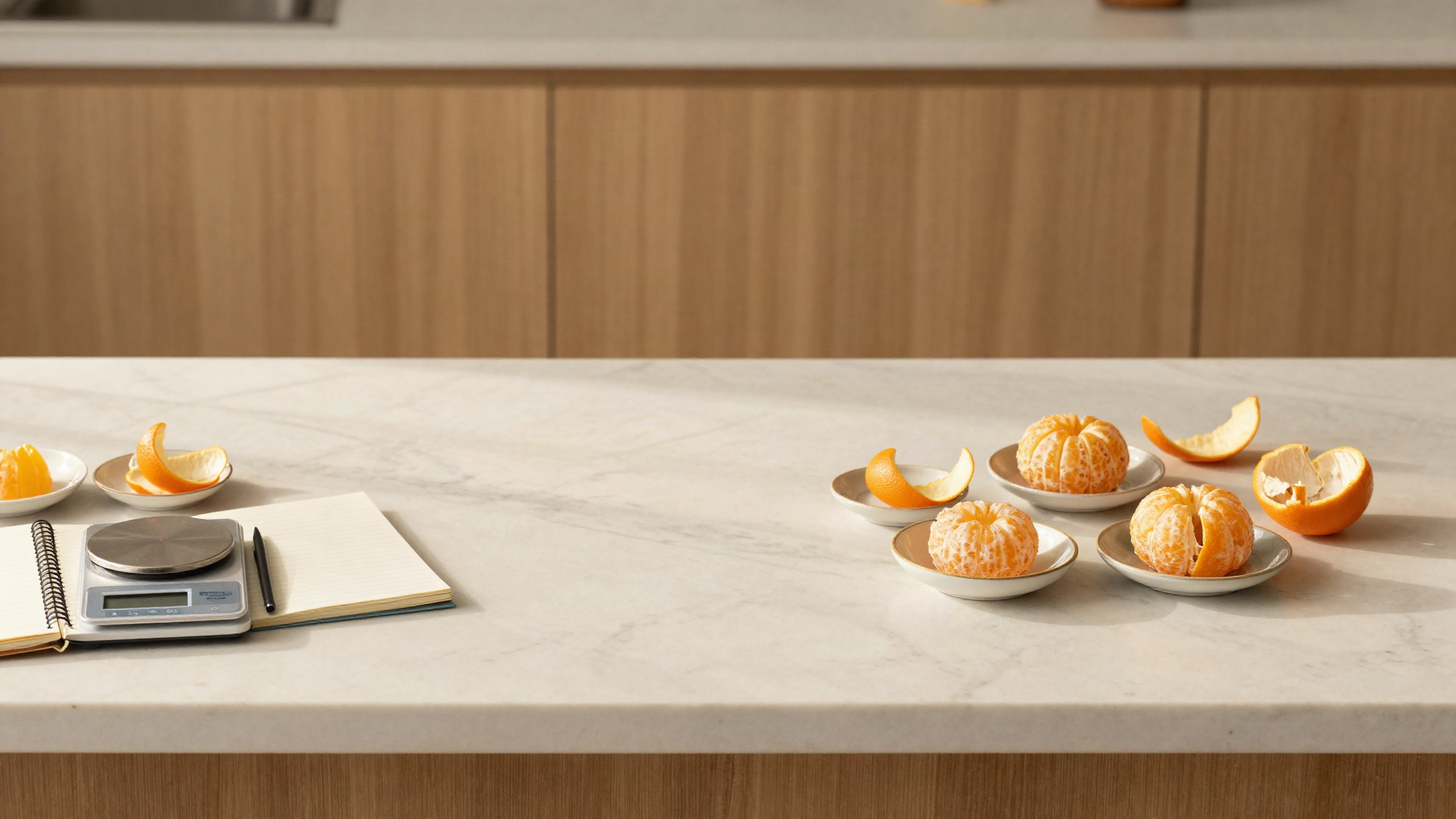 Marble counter with a notebook, a small digital scale and ceramic dishes holding citrus supremes and peel