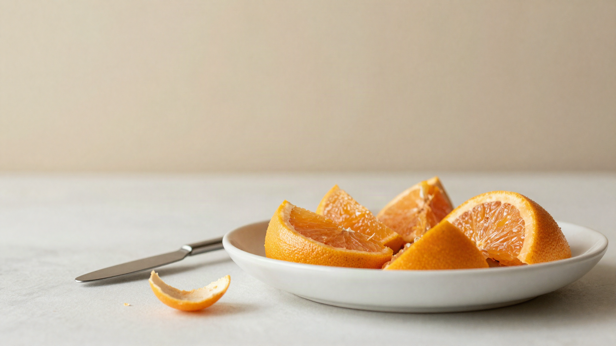 Peeled orange and grapefruit supremes in a shallow white dish beside a paring knife and the discarded pith