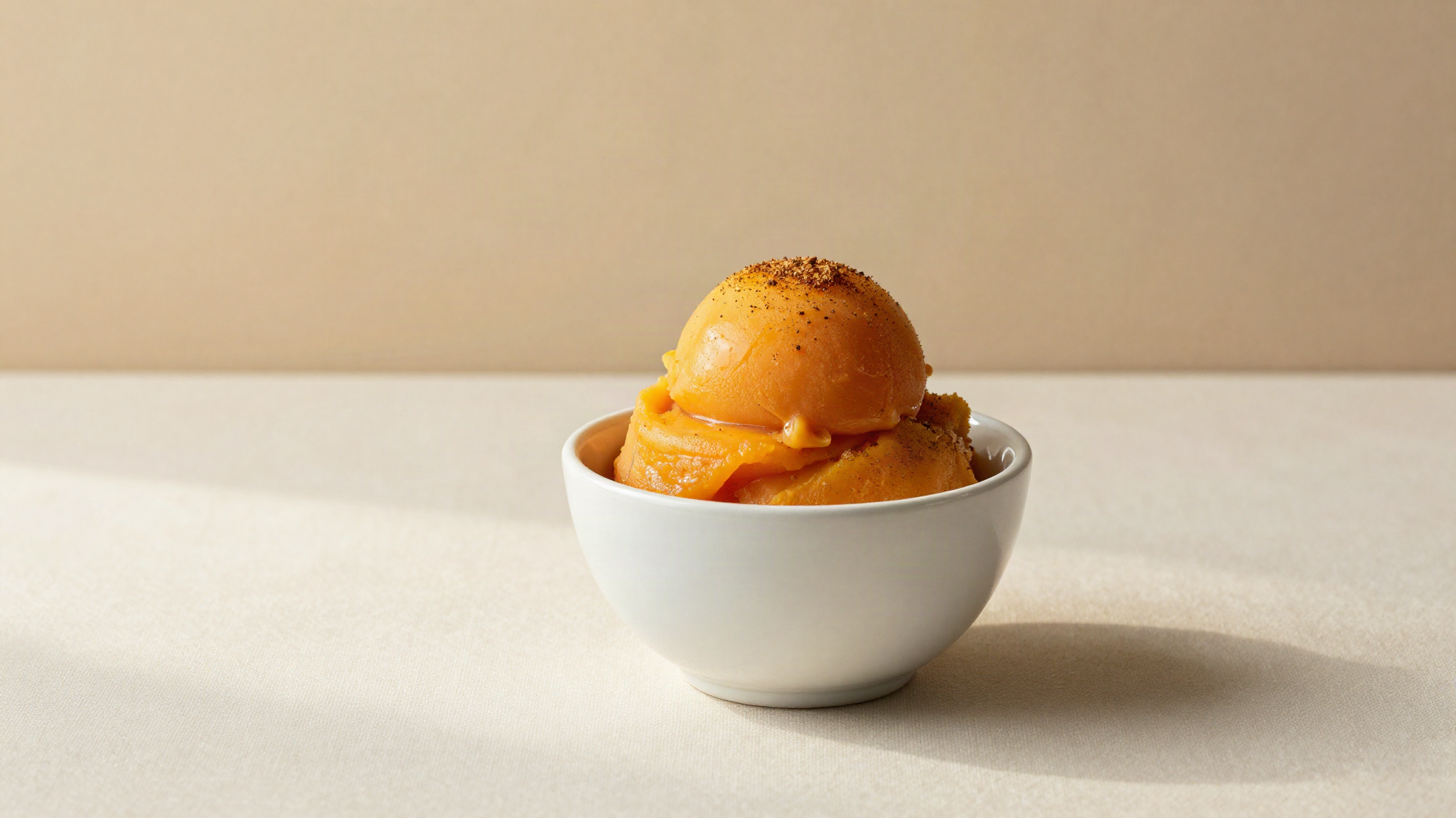 A serving of amber sweet potato gelato in a white ceramic cup on marble