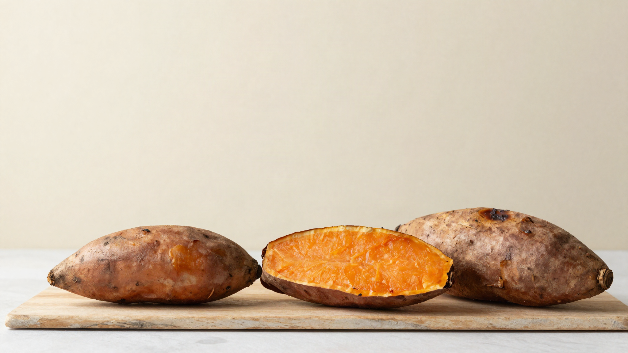 Whole and halved roasted sweet potatoes on aged wood with deep orange flesh
