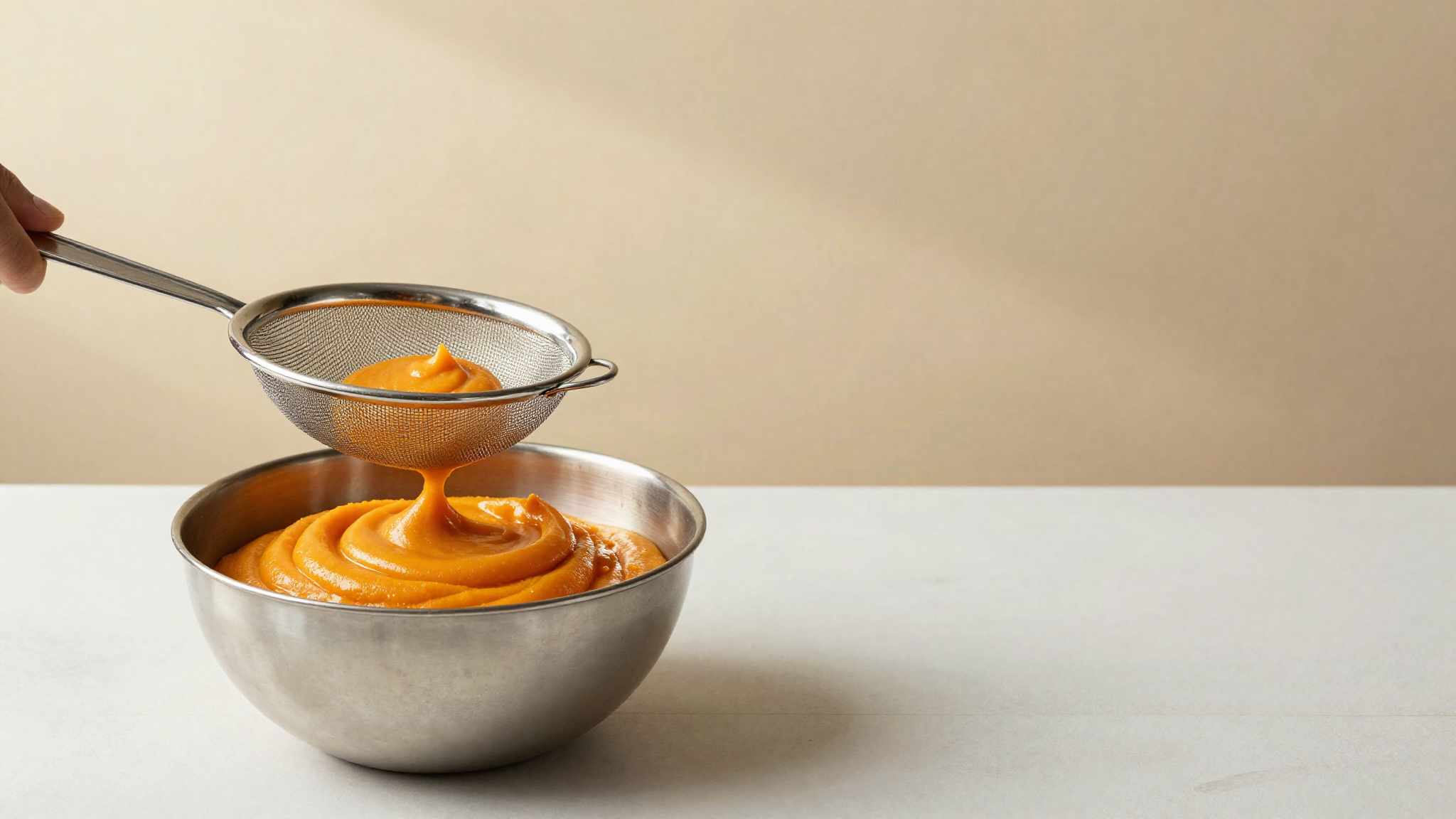 Bright orange sweet potato puree being pressed through a fine drum sieve