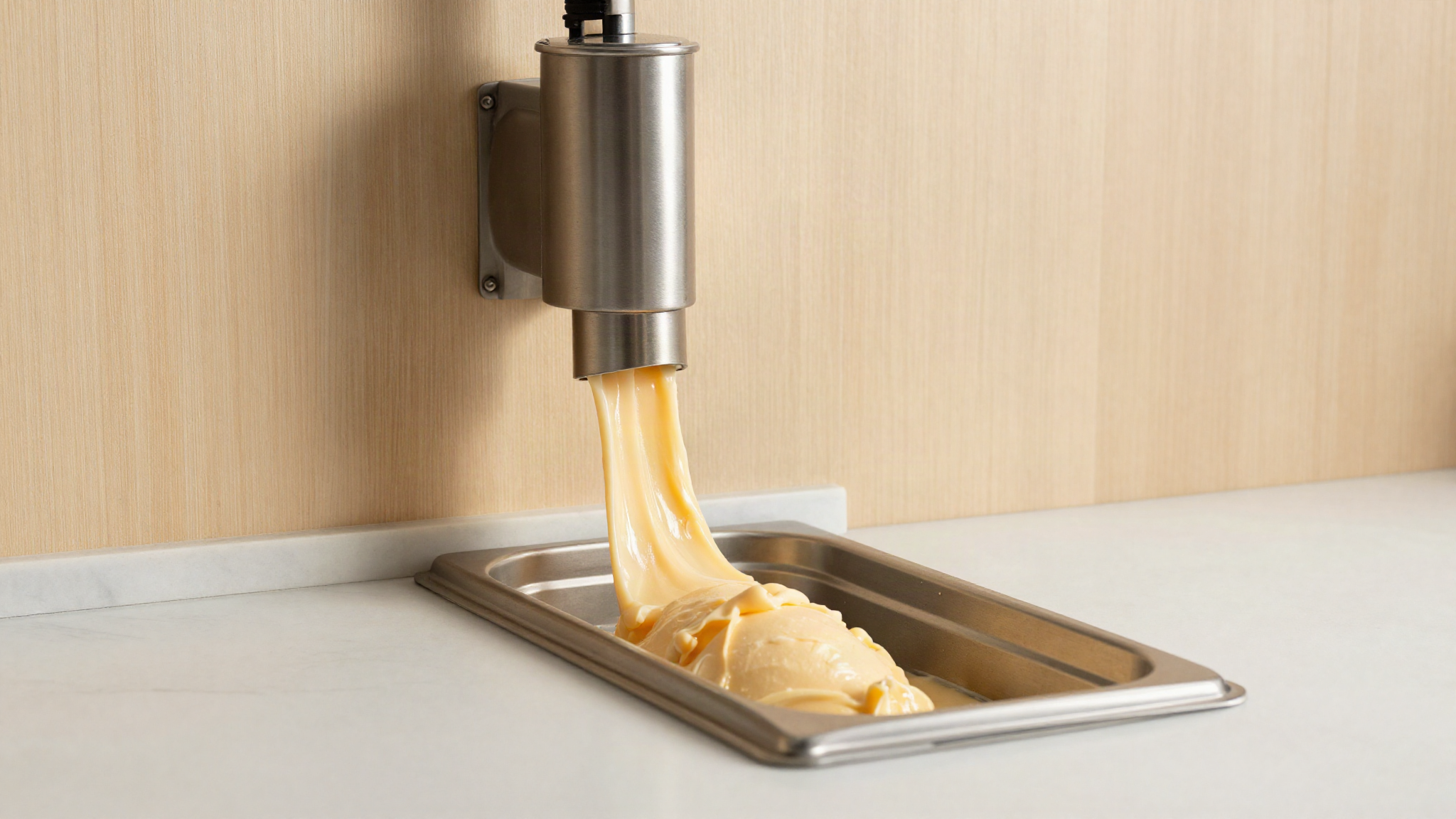 A batch freezer spout extruding a ribbon of pale orange gelato into a pan