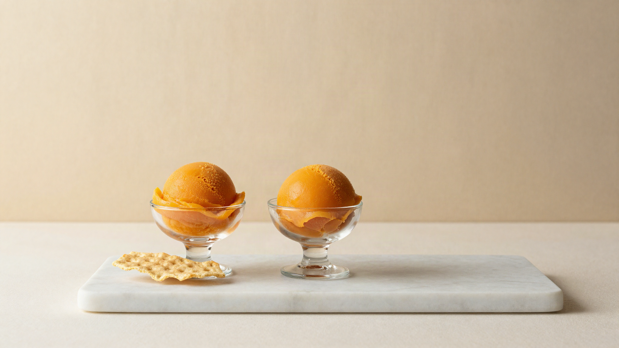 Two quenelles of amber sweet potato gelato in a glass coupe with a thin wafer