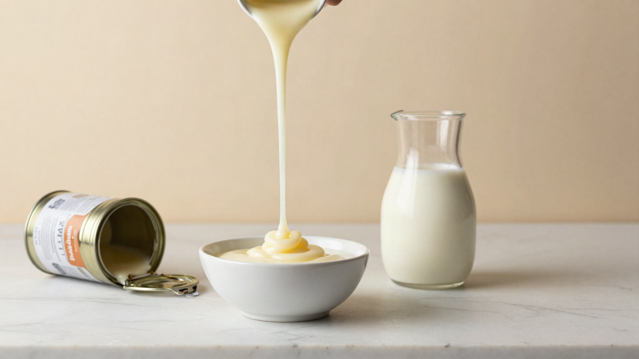 Sweetened condensed milk pouring in a thick ribbon into a white ceramic bowl beside an open tin and a jug of fresh milk