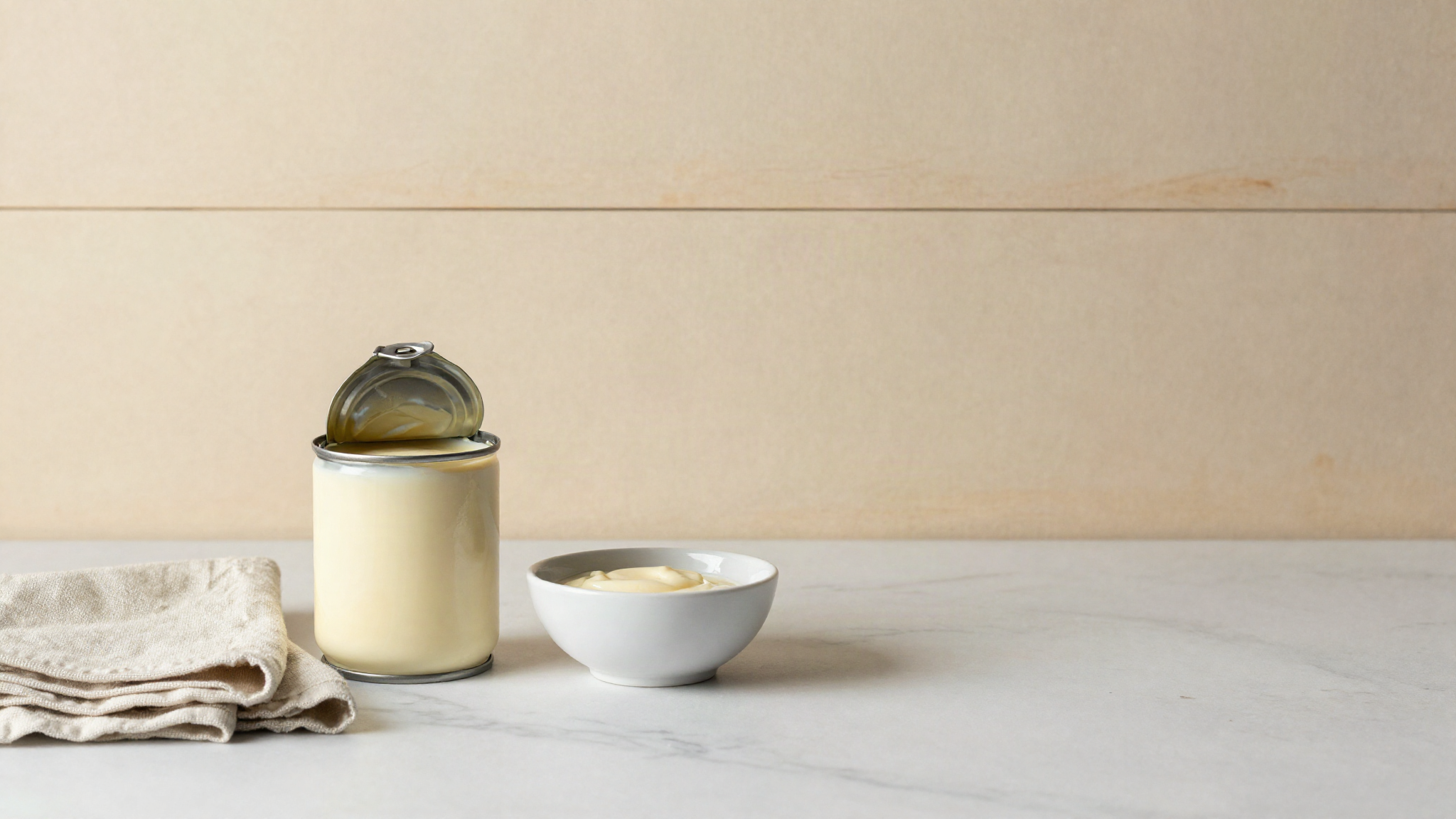 An open tin of thick sweetened condensed milk beside a small white ceramic bowl and folded linen on a marble counter