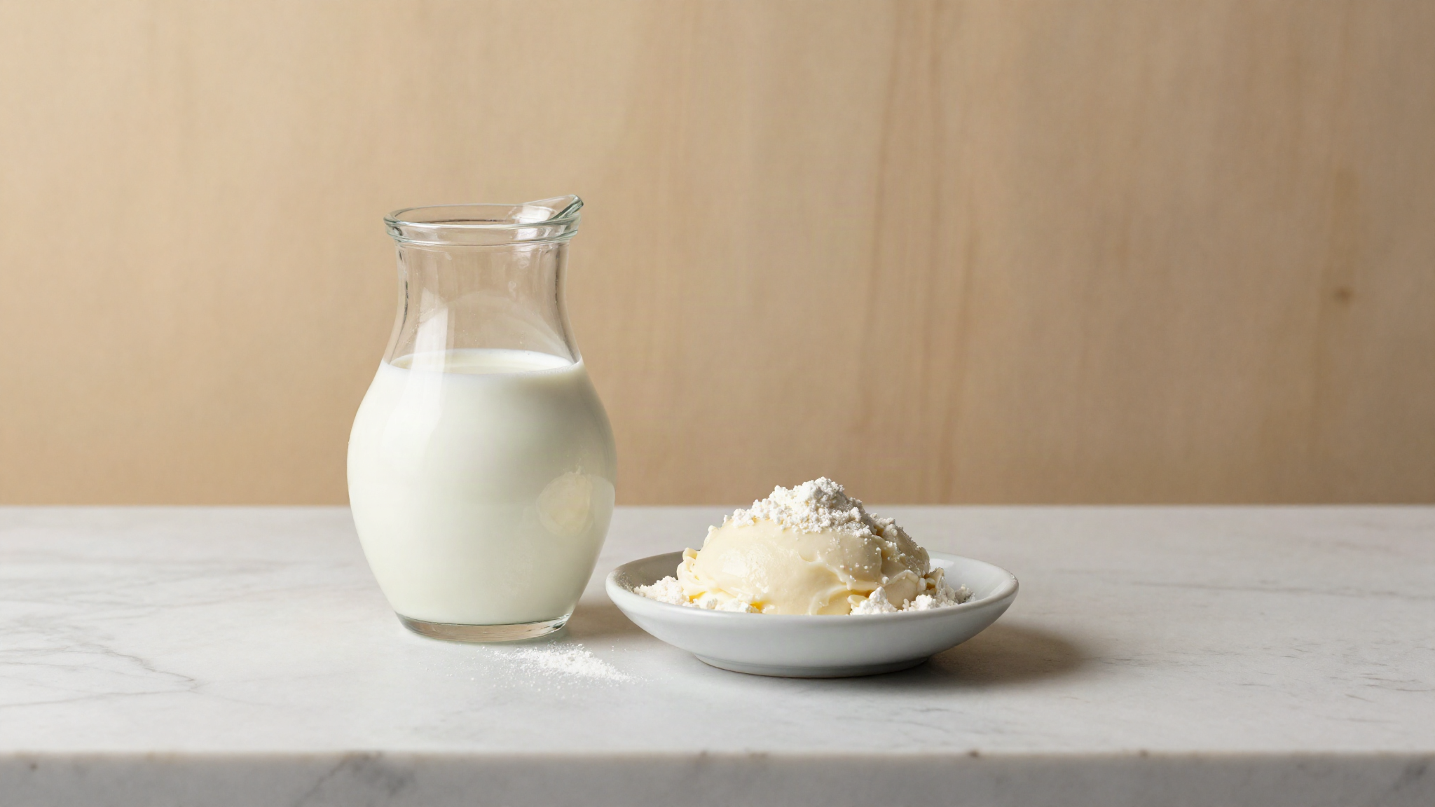 A glass jug of whole milk beside a shallow dish of skim milk powder and a bowl of pale gelato base on marble