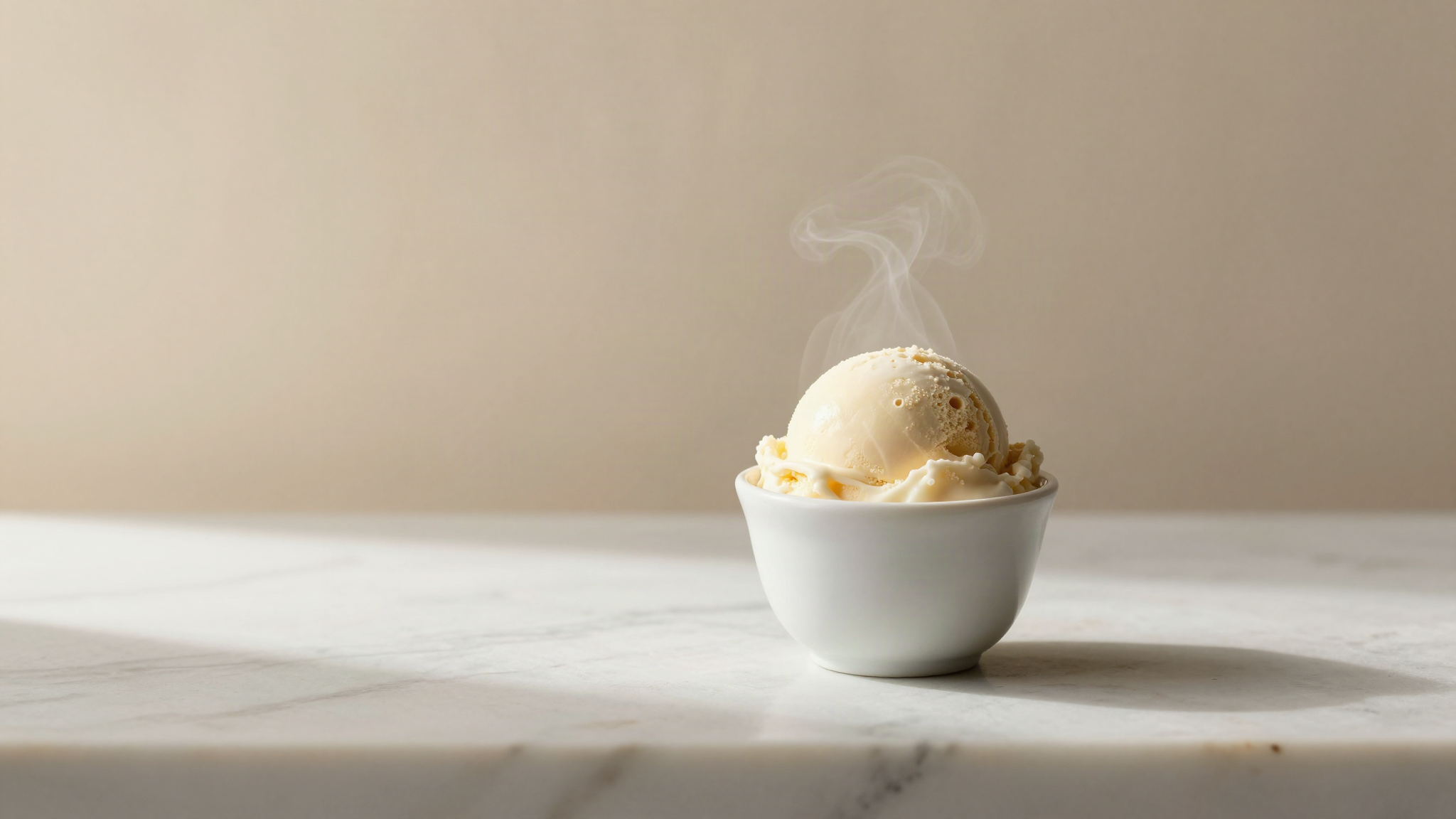 A freshly drawn scoop of gelato in a small white ceramic cup on marble with faint cold mist rising