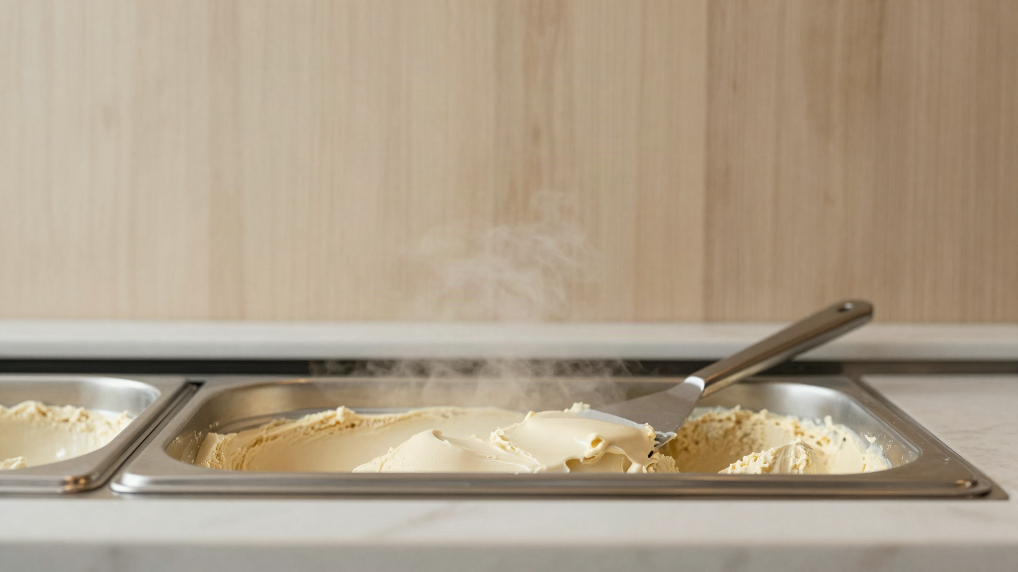 A stainless gelato pan in a display case with the surface swept smooth by a spatula and cold haze above
