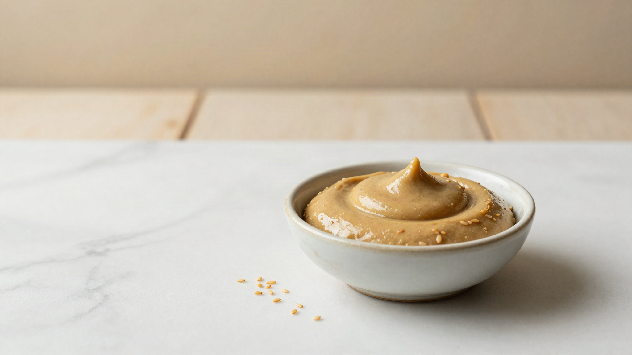 Tahini sesame paste in a small ceramic bowl on a marble surface with loose sesame seeds beside it