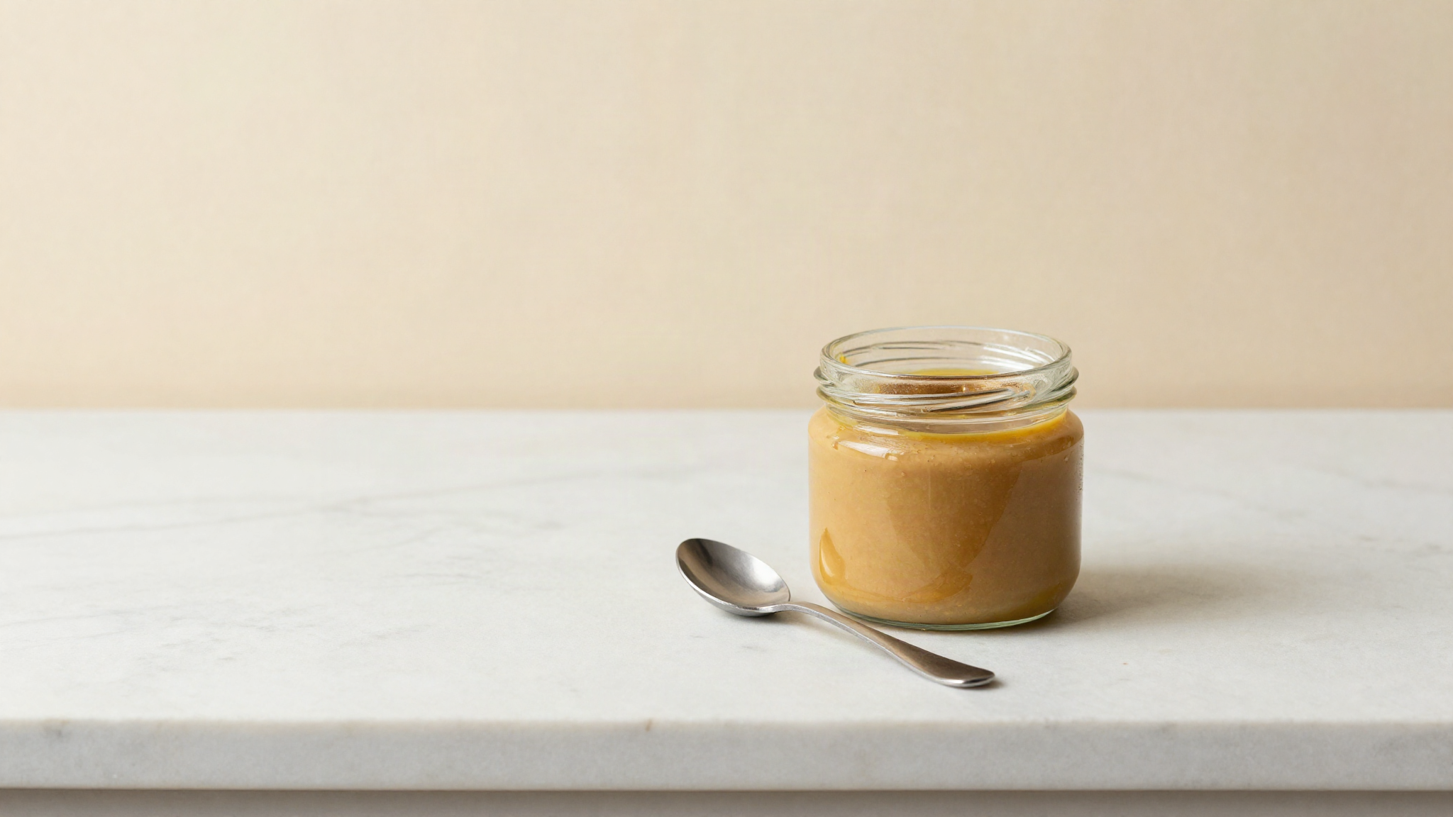 An open glass jar of tahini with a layer of separated sesame oil resting on top of the paste