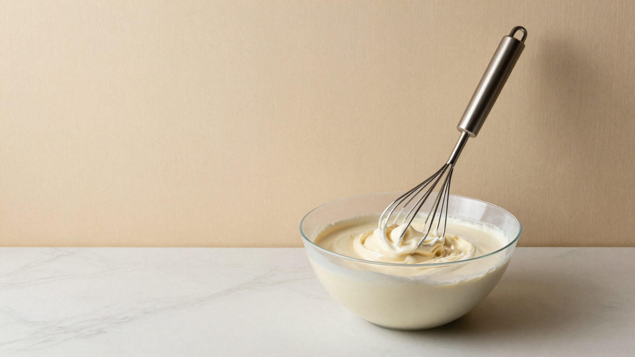 A stainless whisk blending white starch slurry into a gelato base