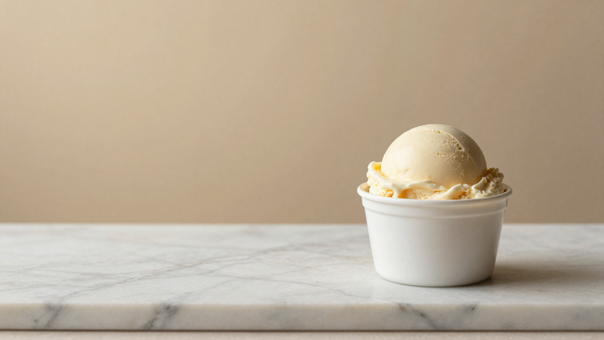 A smooth clean-label vanilla gelato scoop in a white ceramic cup
