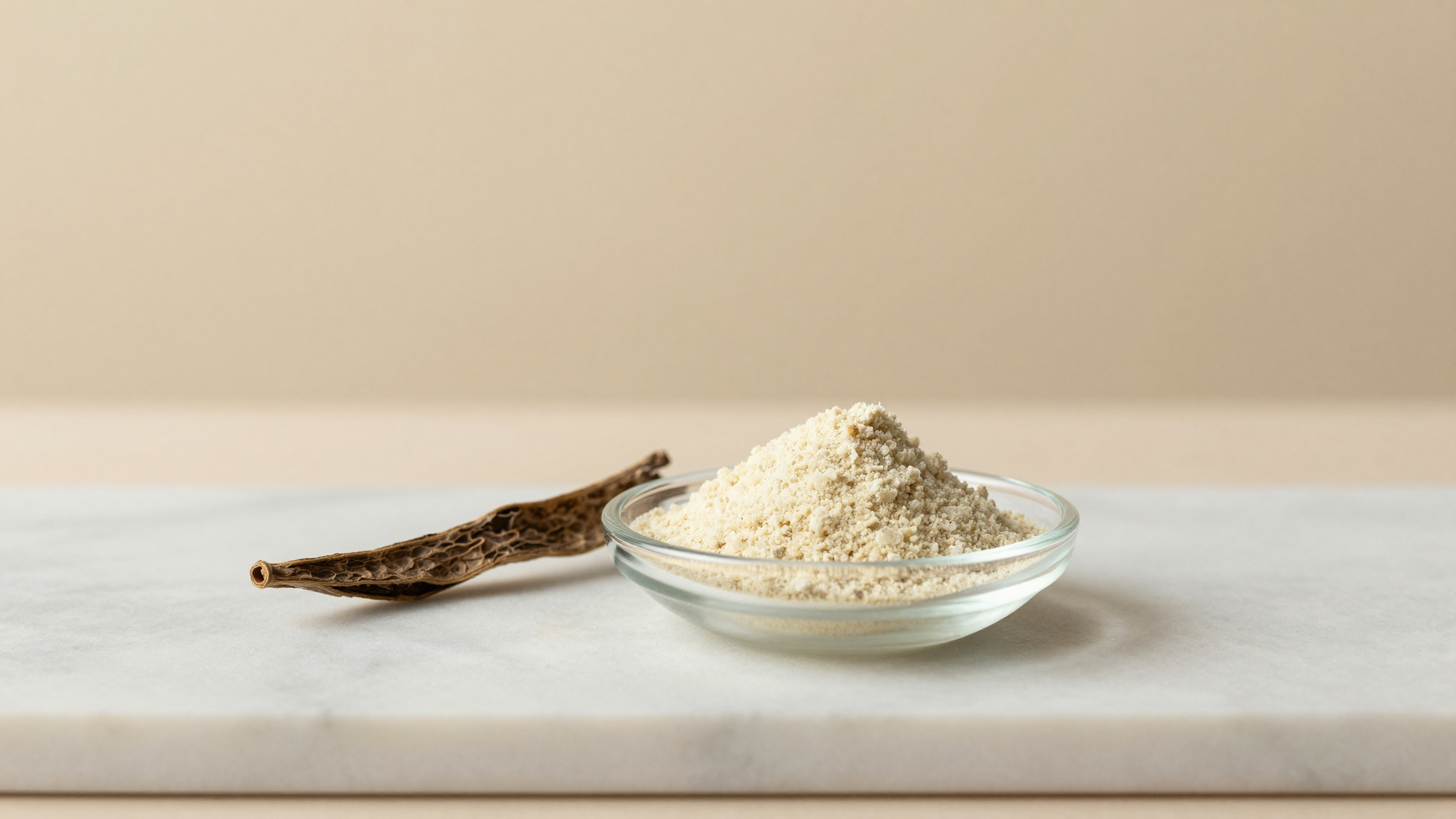 Tara gum powder next to seed pods of the tara tree, the South American source of this versatile gelato stabilizer