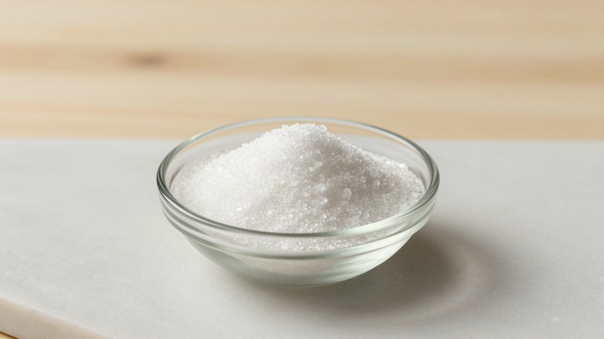 Fine white tartaric acid crystals in a small clear glass dish on a white marble surface