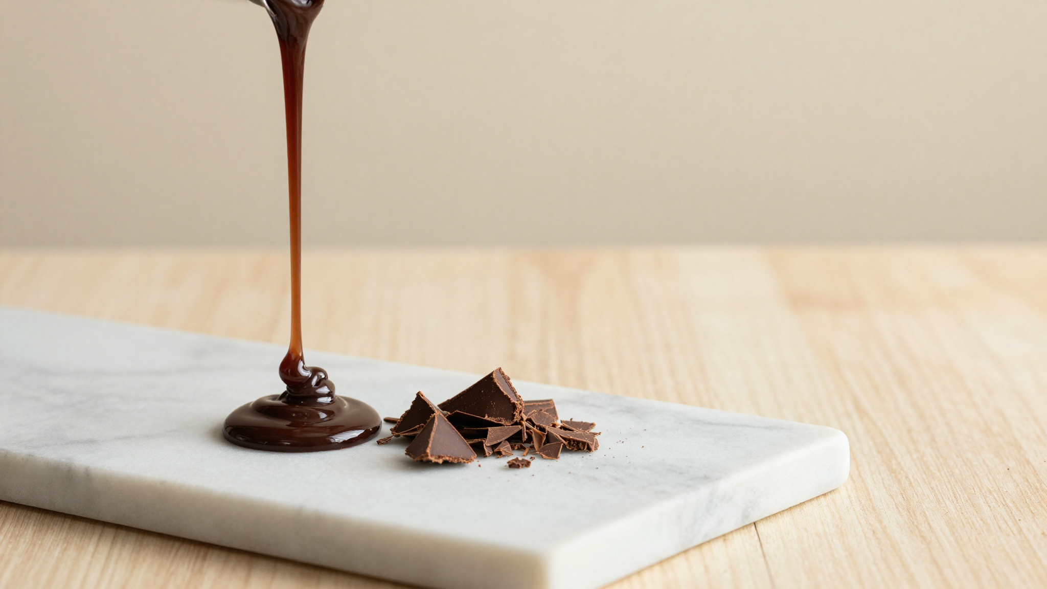 Glossy tempered dark chocolate poured in a thin ribbon over a marble slab beside chopped couverture