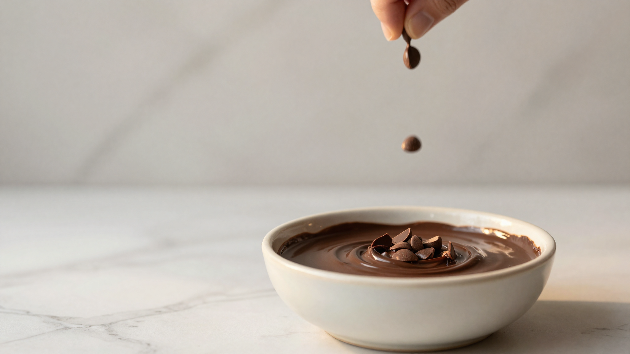 Bowl of melted dark chocolate being stirred with chopped tempered chocolate seed pieces on marble