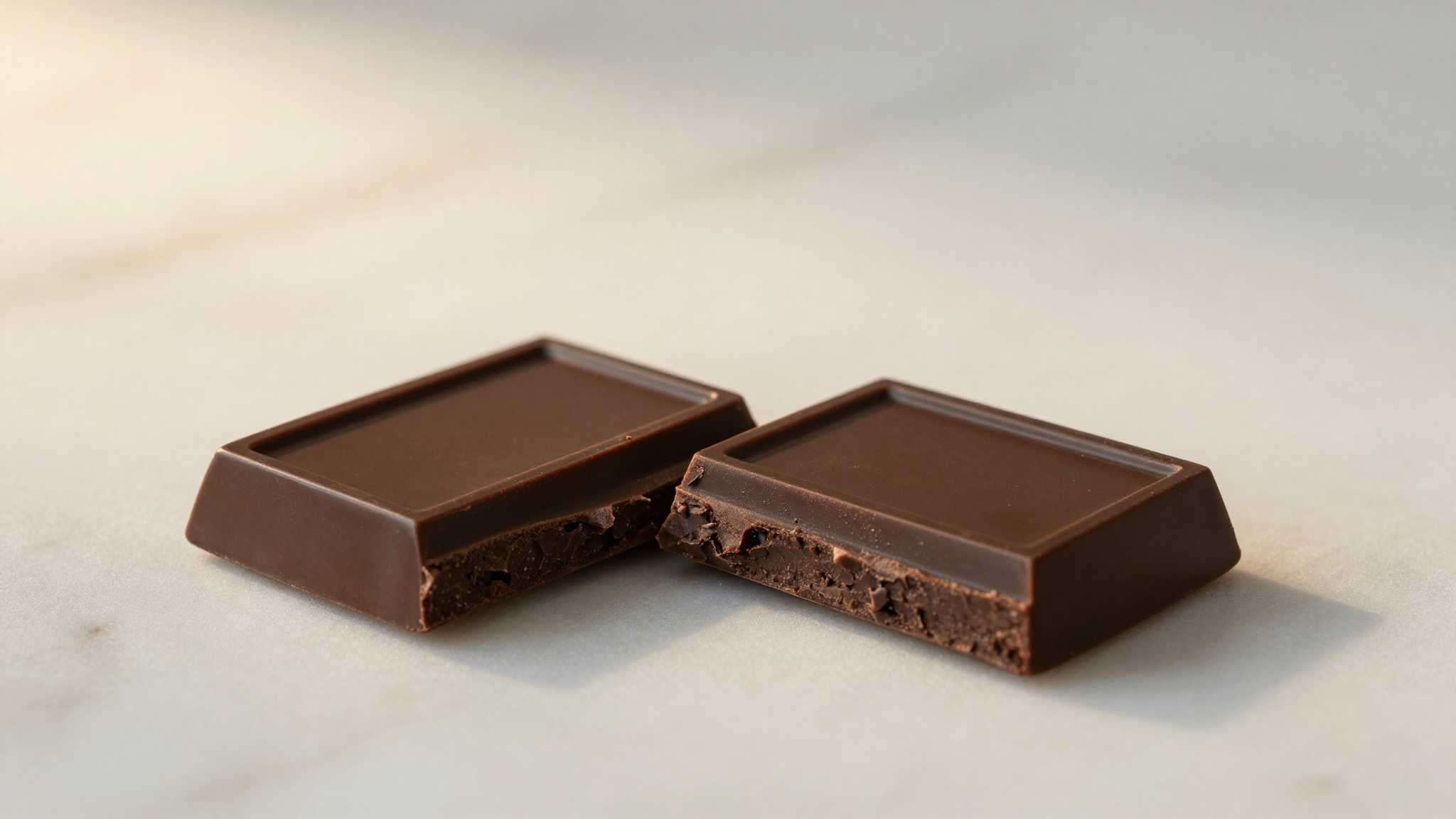 Glossy sheet of tempered dark chocolate snapped in half showing a clean fracture