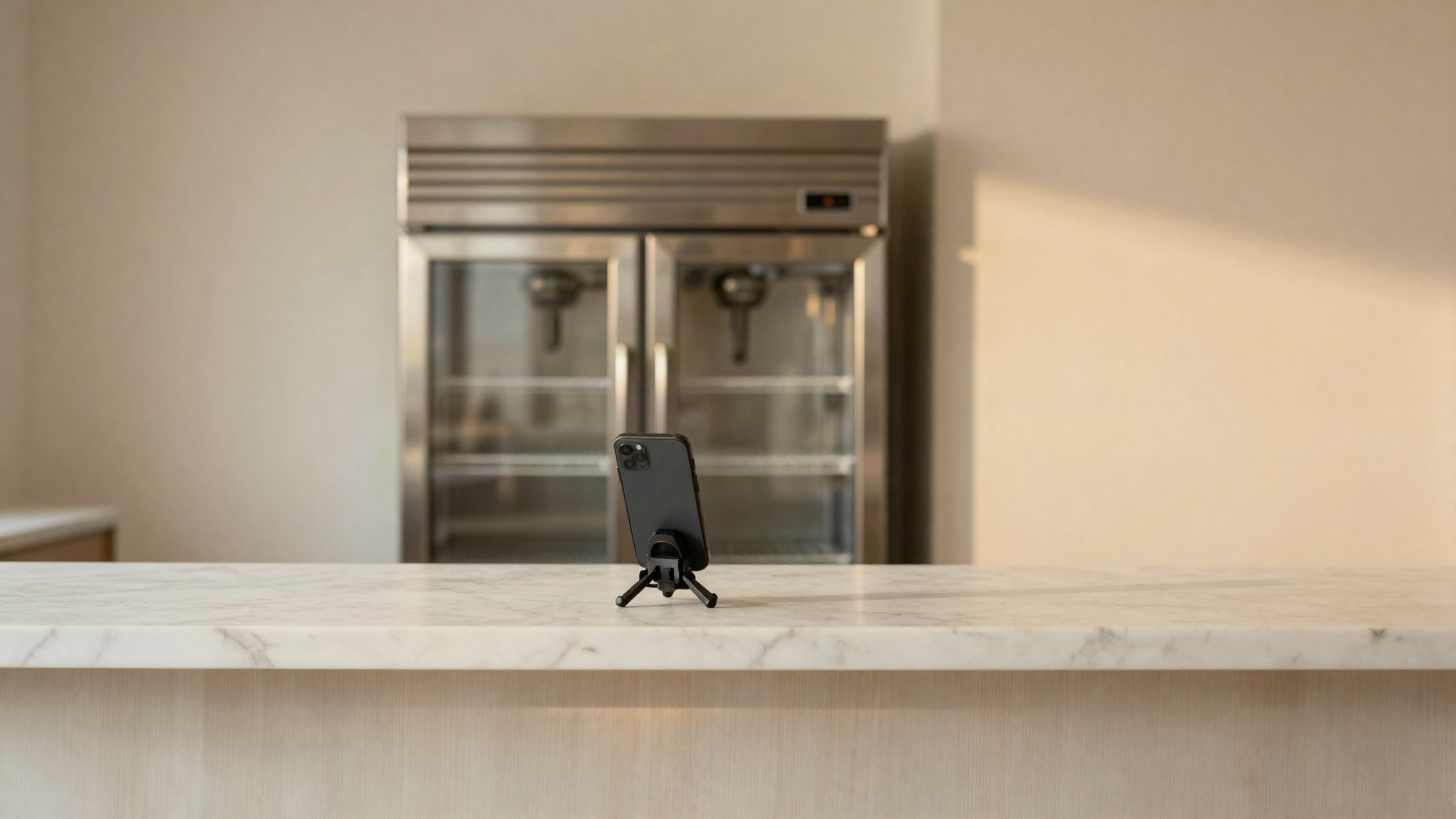 Smartphone on a small tripod on a marble gelateria counter framing a stainless batch freezer in the background