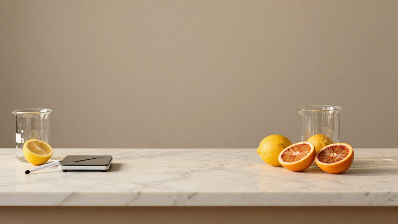 pH meter, beaker and halved citrus on a marble lab counter