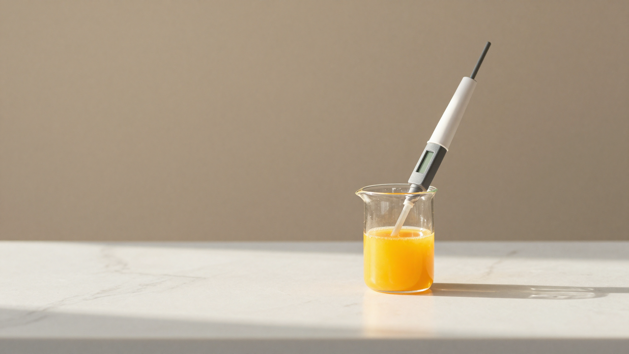 A digital pH meter probe in a beaker of citrus juice on marble