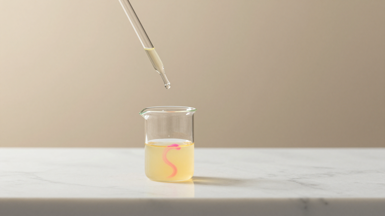 A glass burette dripping into a beaker of citrus juice with pink indicator