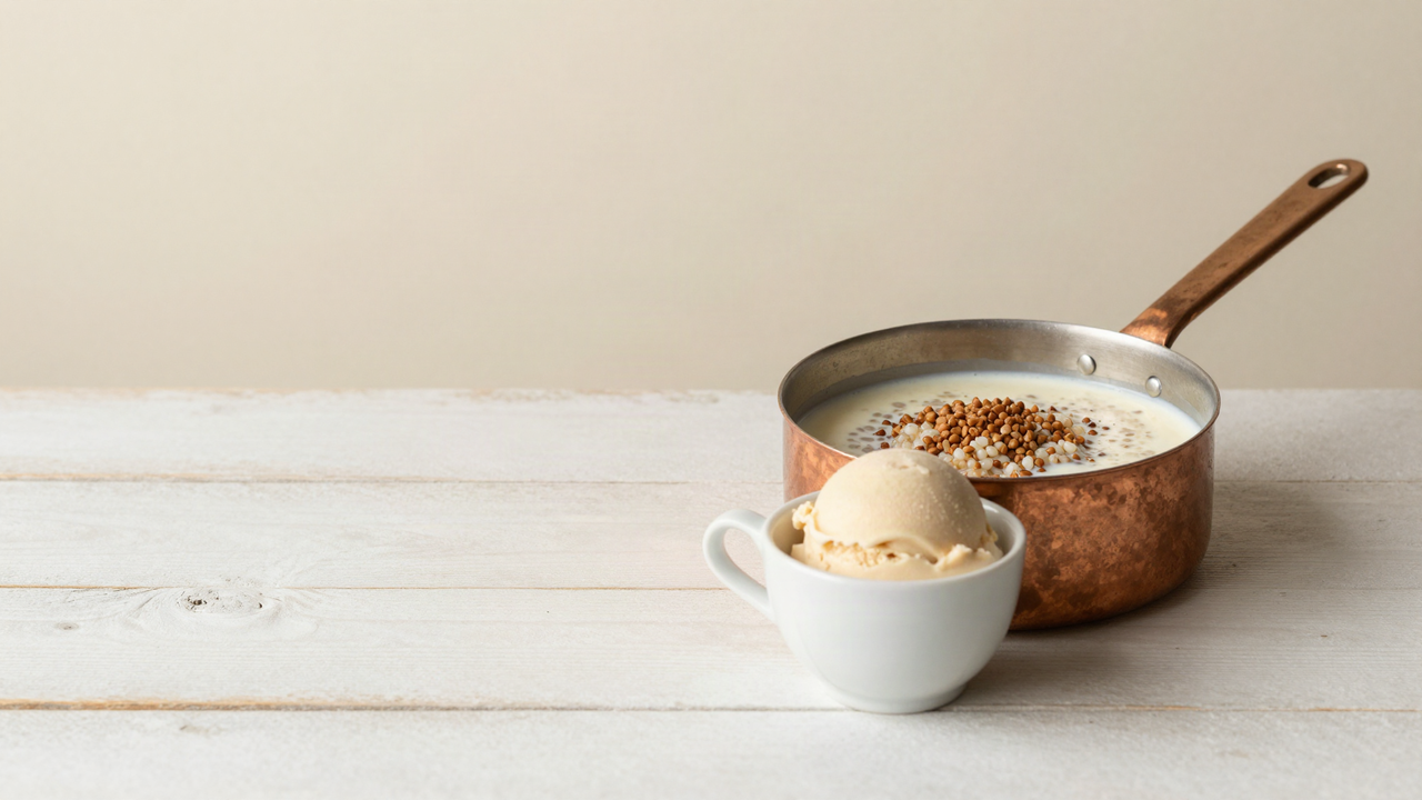 A small copper saucepan of warm milk with toasted buckwheat steeping beside a cup of pale beige gelato on wood